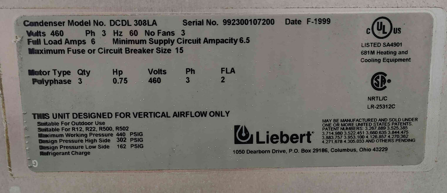 Liebert Condenser '99 460V DCDL308LA Outdoor 3 Fan Unit (101393)(101393)