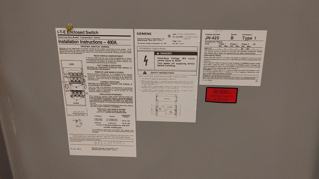 Siemens 400A Enclosed F Switch JN425(S6LLST12729)