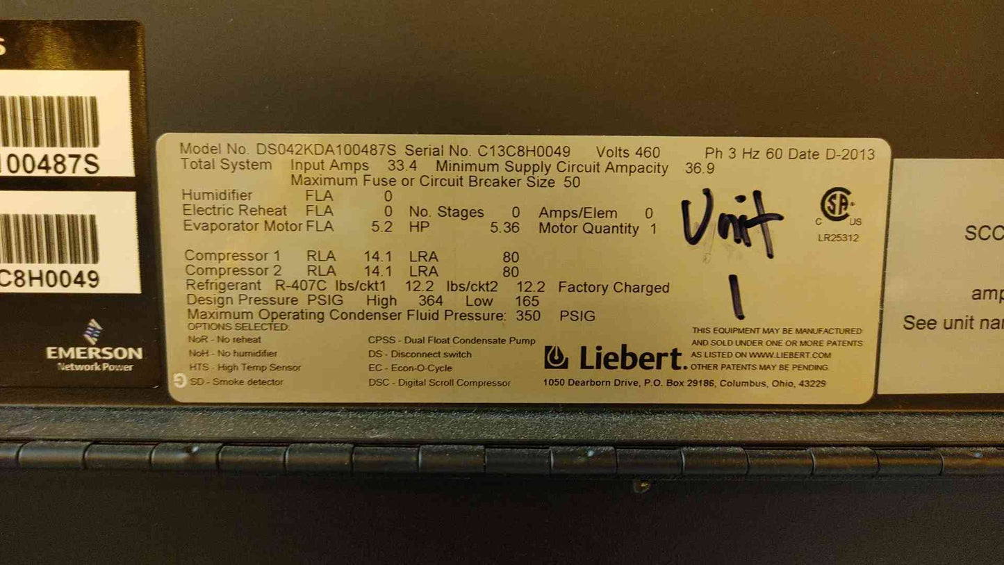 12 Ton Liebert DS042K CRAC 460V Glycol 3PH DS042KDA100487S