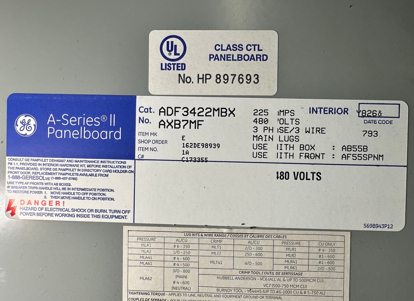 225A GE ASeries II 480v Panelboard w/ 2 SELA36AT0100 Breakers(4400AA)