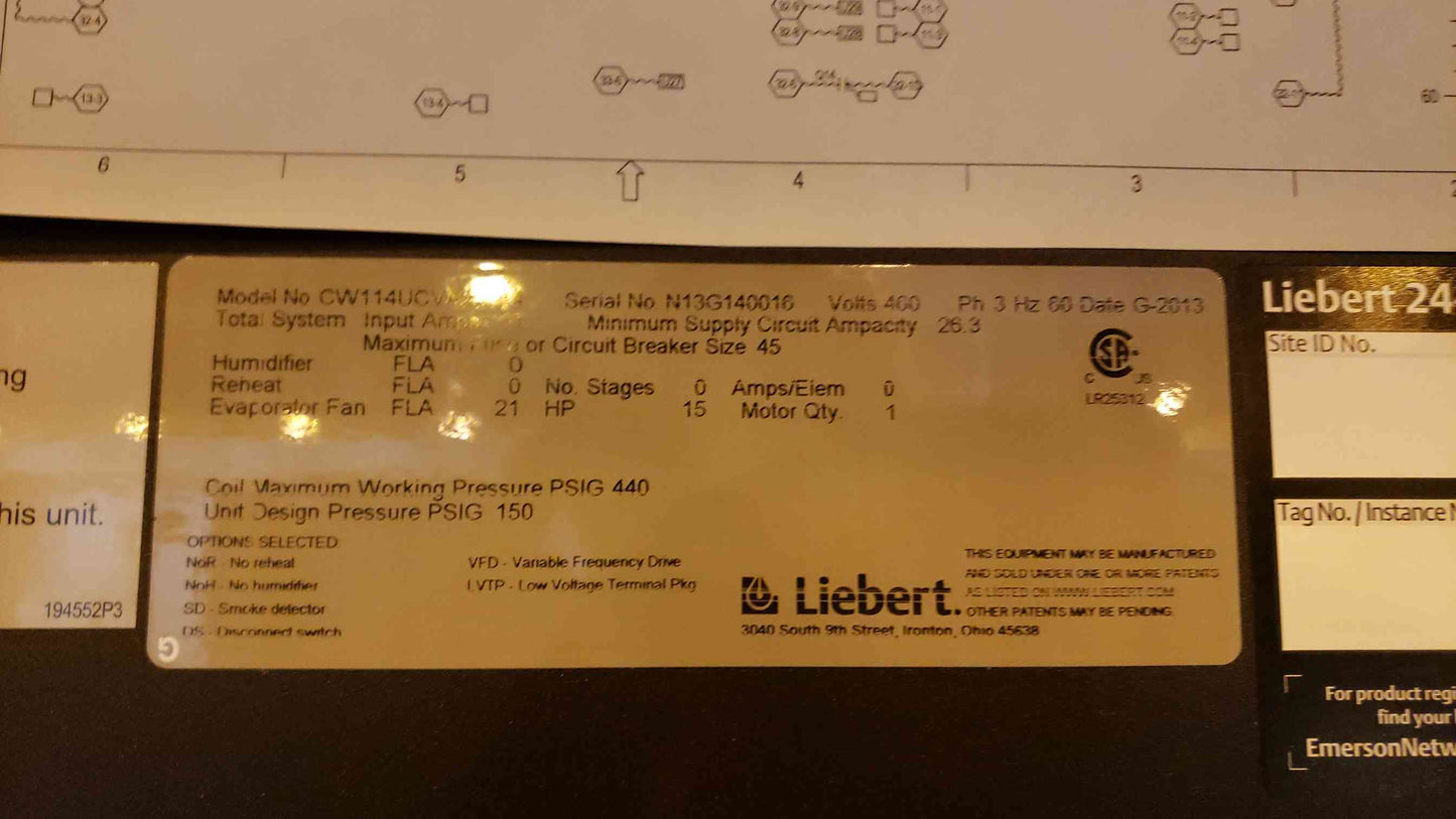 Liebert CRAC Unit 460V 3PH CW114UCVA2S014 (SKU: 104512)(104512)