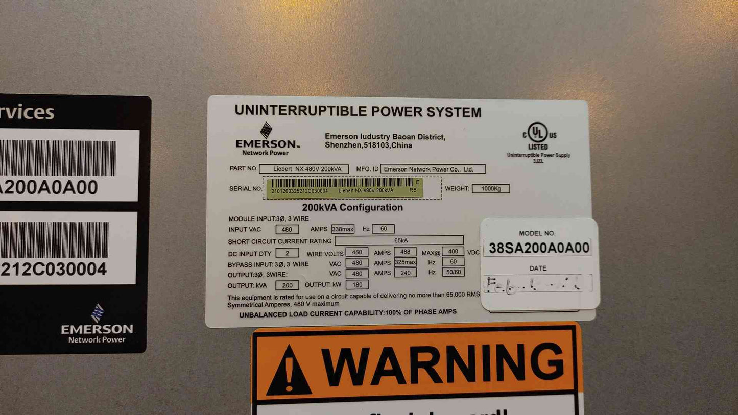 Liebert NX AC Power System UPS 200KVA 480VAC 3PH 3W 38SA200A0A00