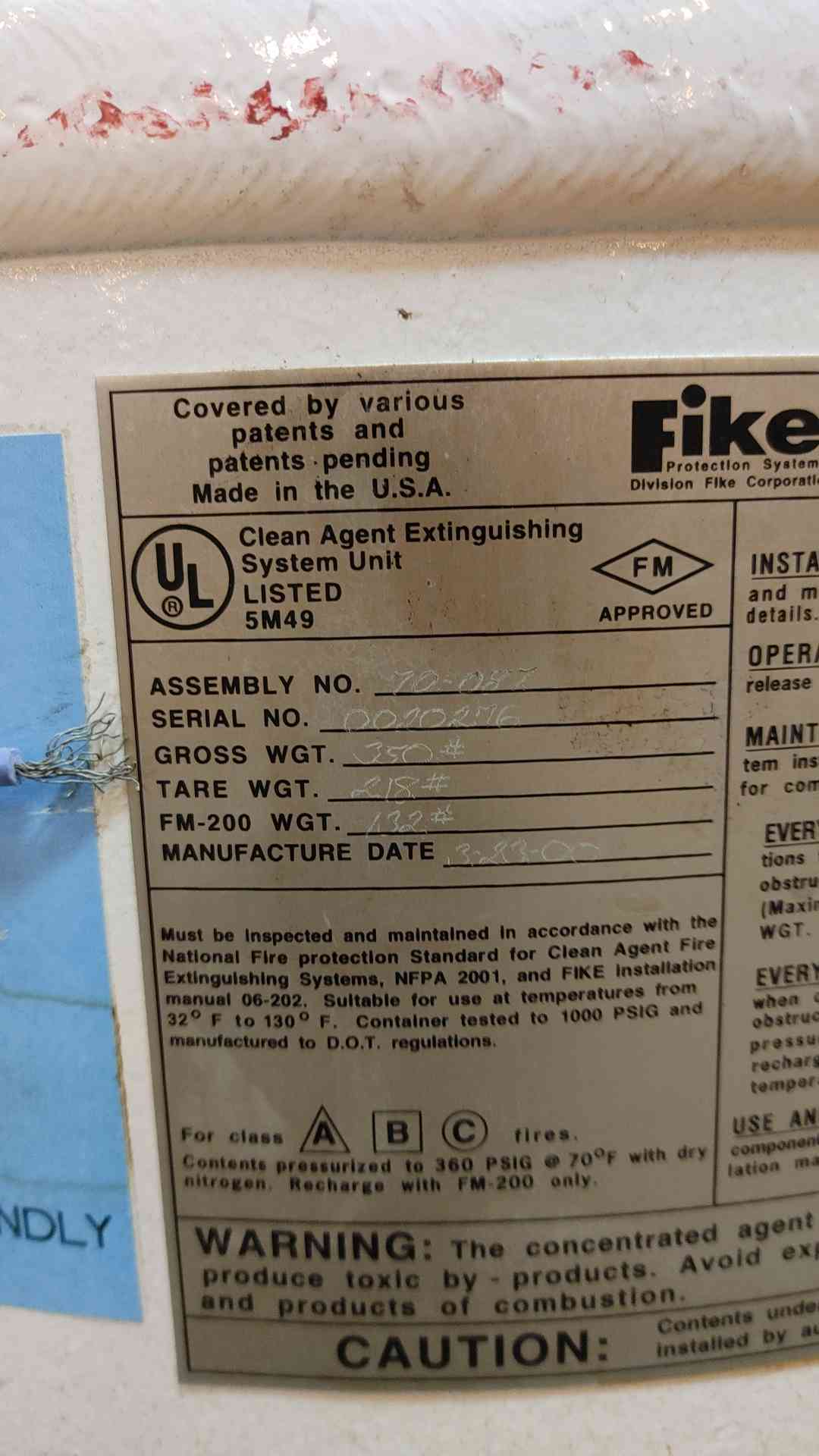 Fike Fire Suppression Cylinder FM-200 132 Lbs Agent