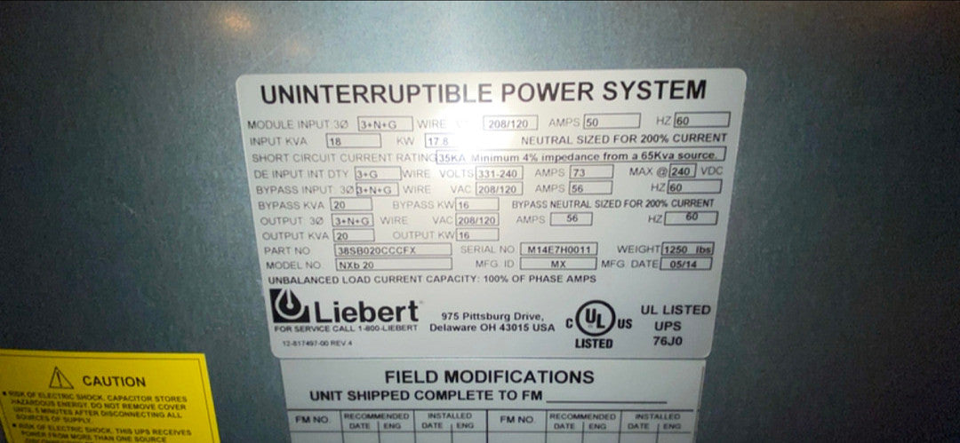 Liebert NXb 20 18KVA 208/120 2014 UPS(S6LLST3072)