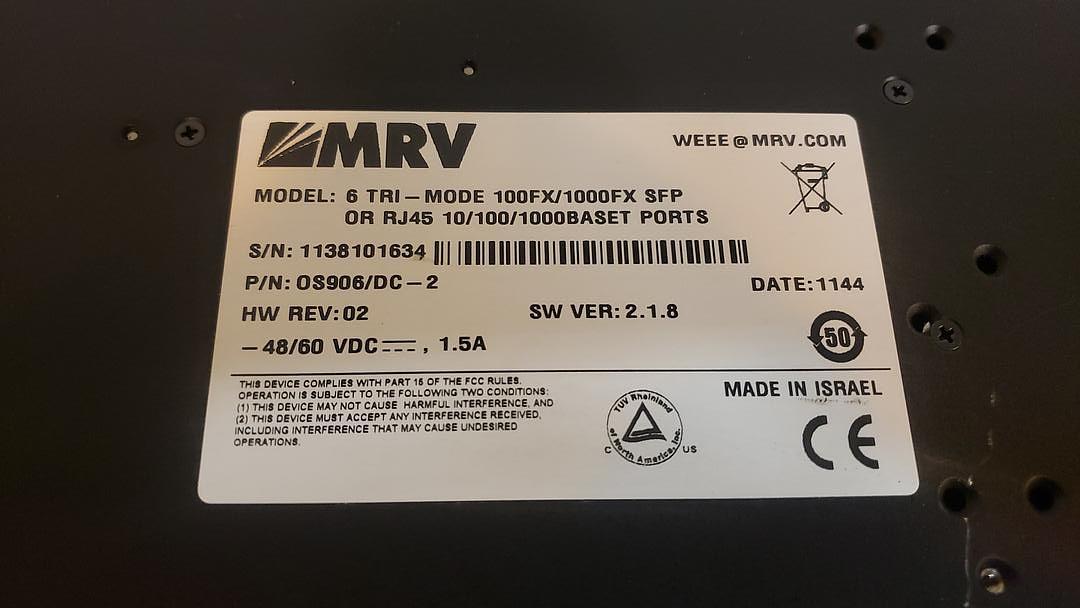 MRV OS906/AC-2 / 6 TRI-MODE 100FX/1000FX SFP OR RJ45 10/100/BASET PORTS(S6LLST11021)