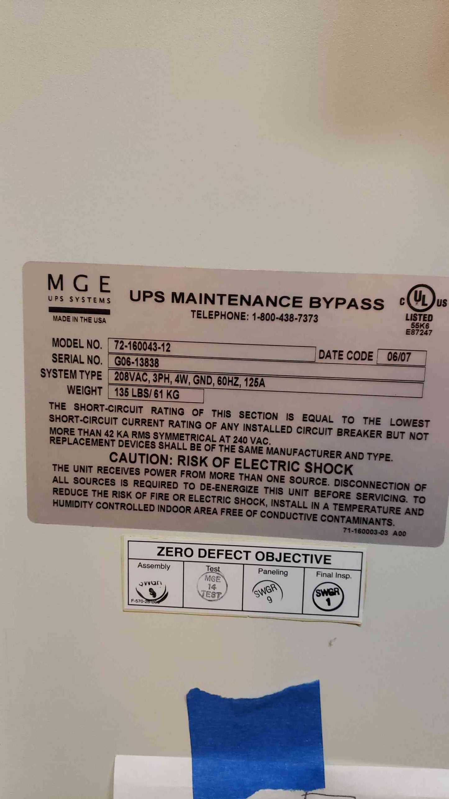 MGE UPS Maintenance Bypass Panel ( MBP ) 125A 208v Model: 72-160043-12(S6LLST2906)