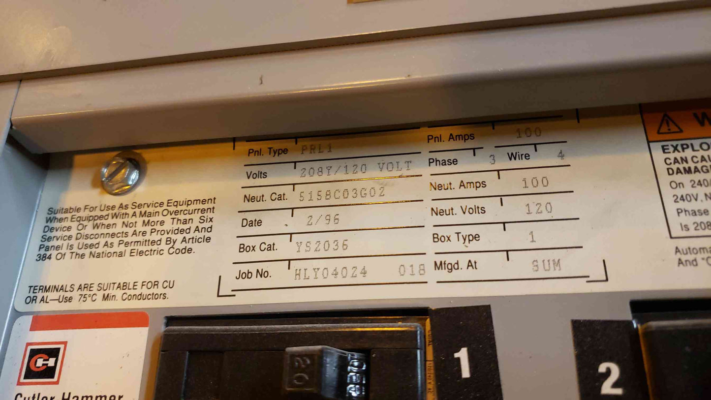 CutlerHammer 100A 120/208V Panel Box PRL1 (SKU: 2109AA)(2109AA)