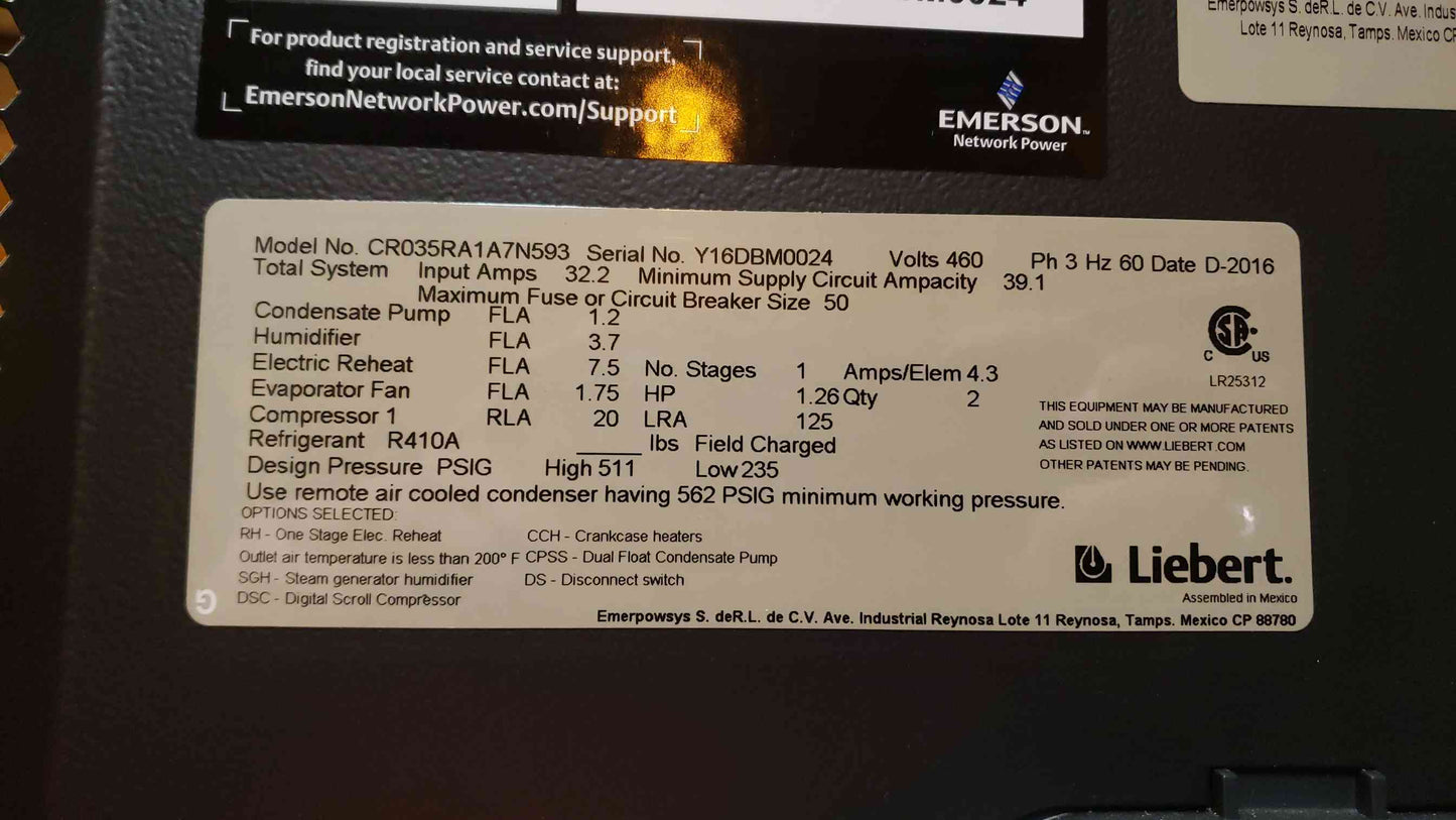 Liebert CRV AC 460V 3PH CR035RA1A7N593 InRow CRAC Air Cooled '16 (SKU: 3090AA)(3090AA)