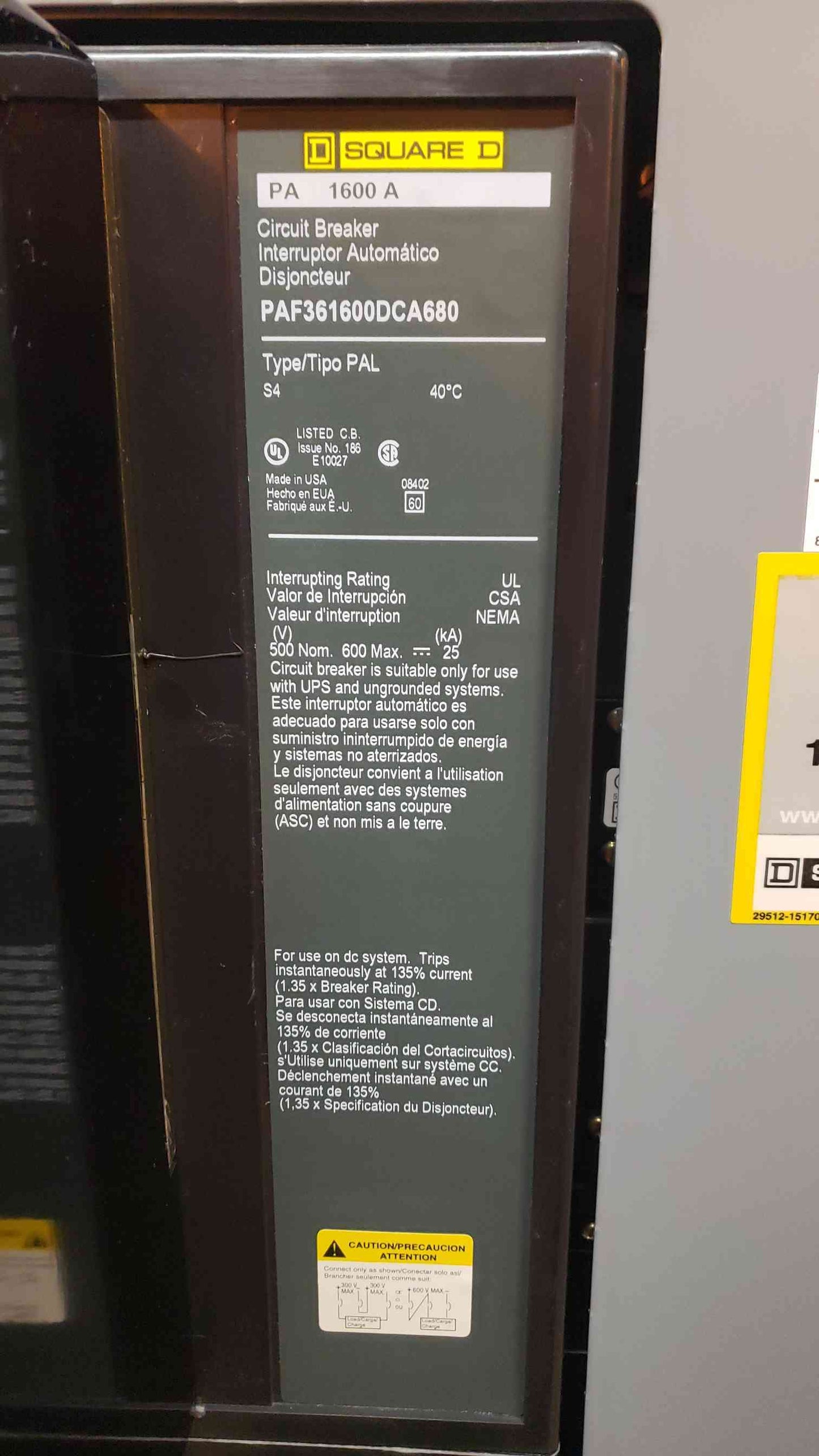 Square D 1600A QED Disconnect Breaker PA1600A PAF361600DCA680 (SKU: 4064AA)(4064AA)