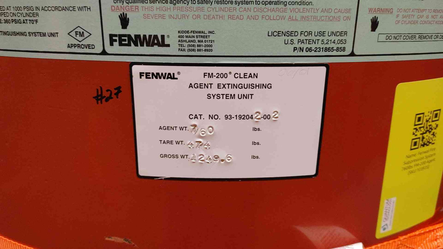 Fenwal Fire Suppression System 760 lbs FM-200 Agent(103935)