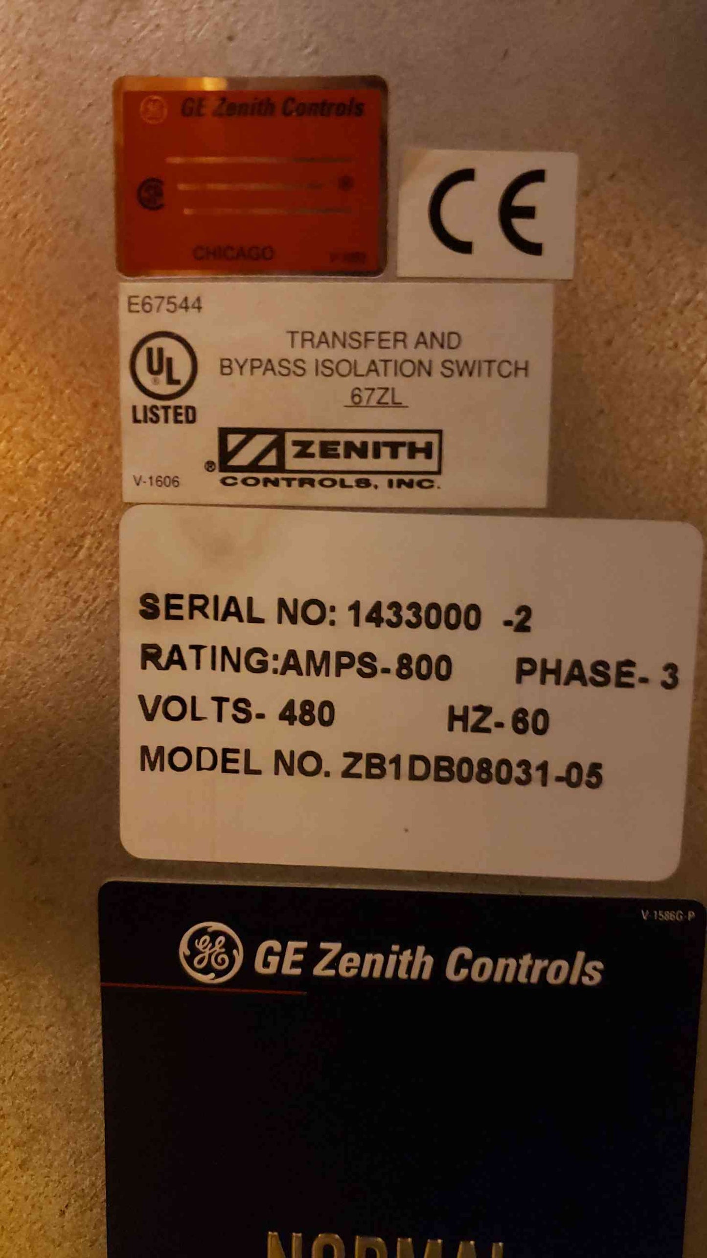 ATS GE Zenith Transfer Switch 480V 800A 3PH ZB1DB08031-5(104124)