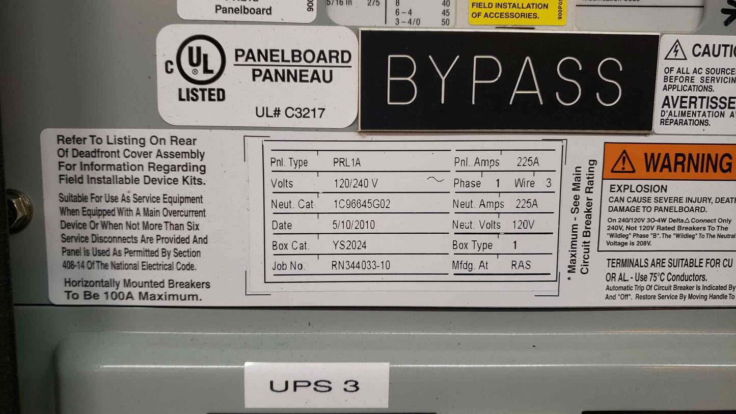 EATON MBP UPS Bypass Switchbox: 1x 225A, 3x 80A PRL1A 120/240V 225 Panel Amps(S6LLST4843)