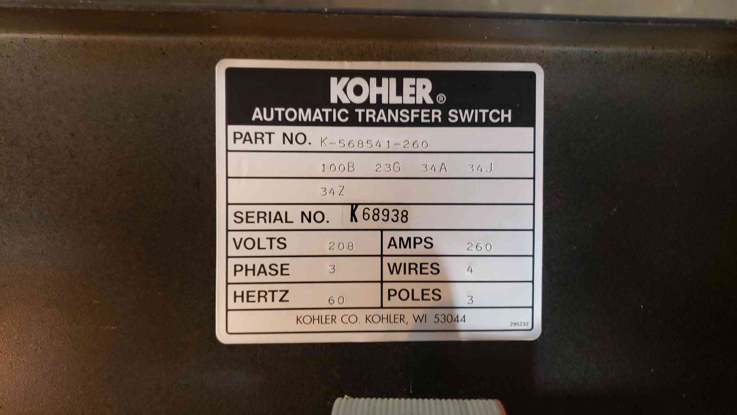 Kohler ATS Switch 208V 3PH 4W 3 Pole 260A K-568541(104251)