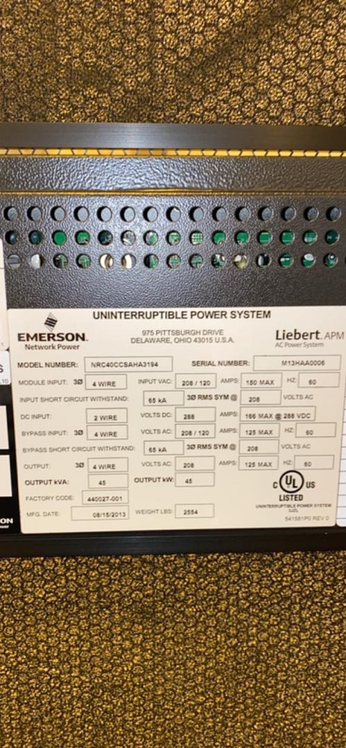 EMERSON 45KVA APM UPS 208/120 '13(S6LLST3419)