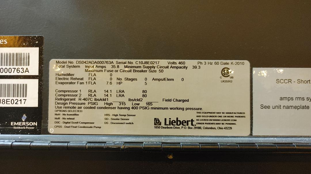 12 Ton Liebert DS042A DA000763A CRAC Downflow (S6LLST12784)