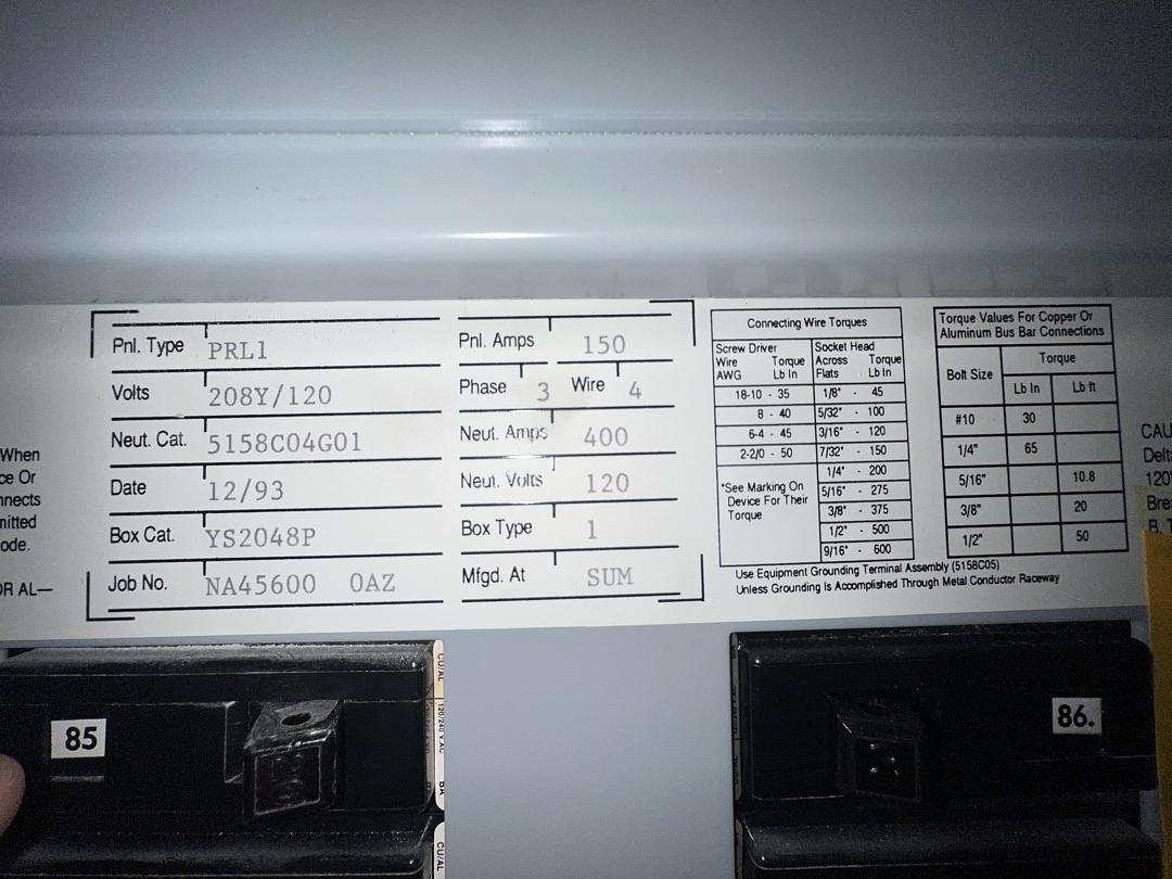 PRL1A 150A Panelboard w/Main 42 CKT 120/208V Neut. 400A (SKU: 13299)(S6LLST13299)