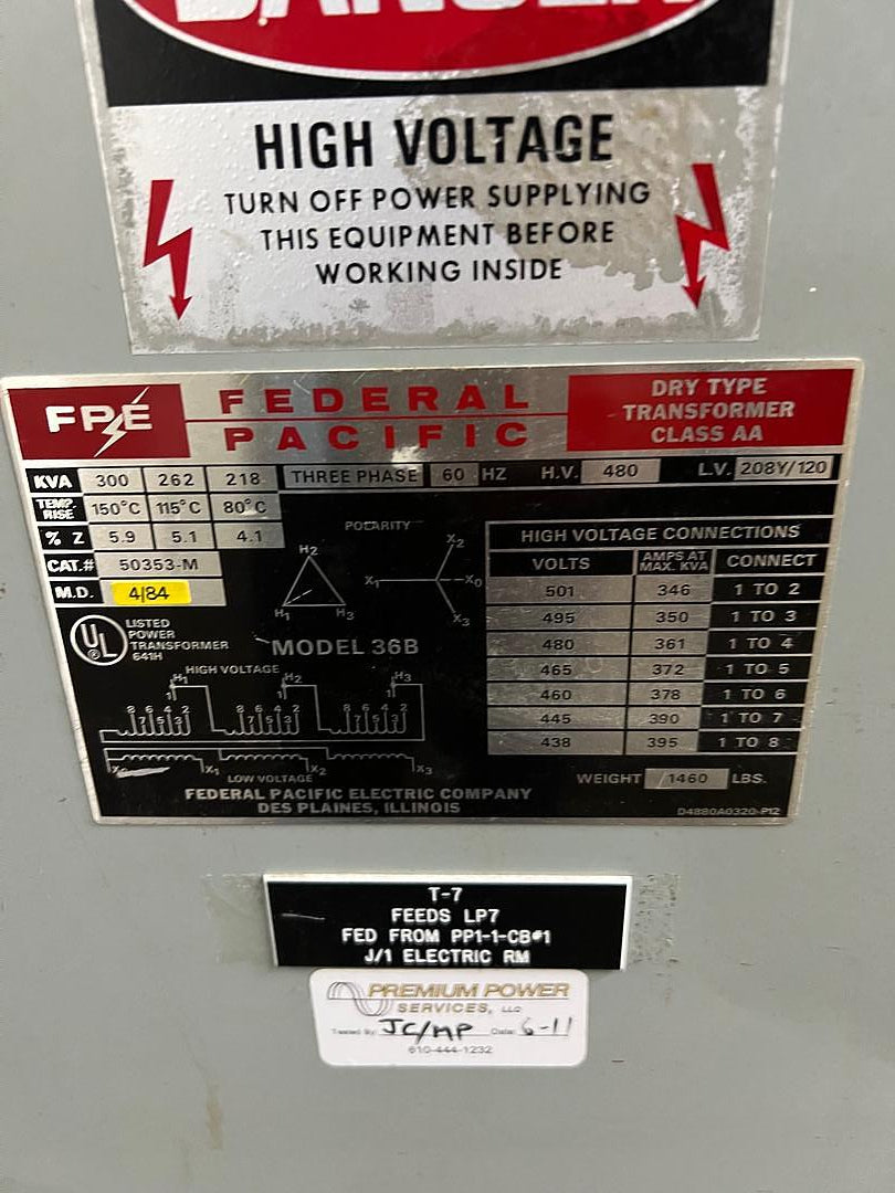 300KVA Federal Pacific Transformer 480v x 208Y/120(S6LLST7781)