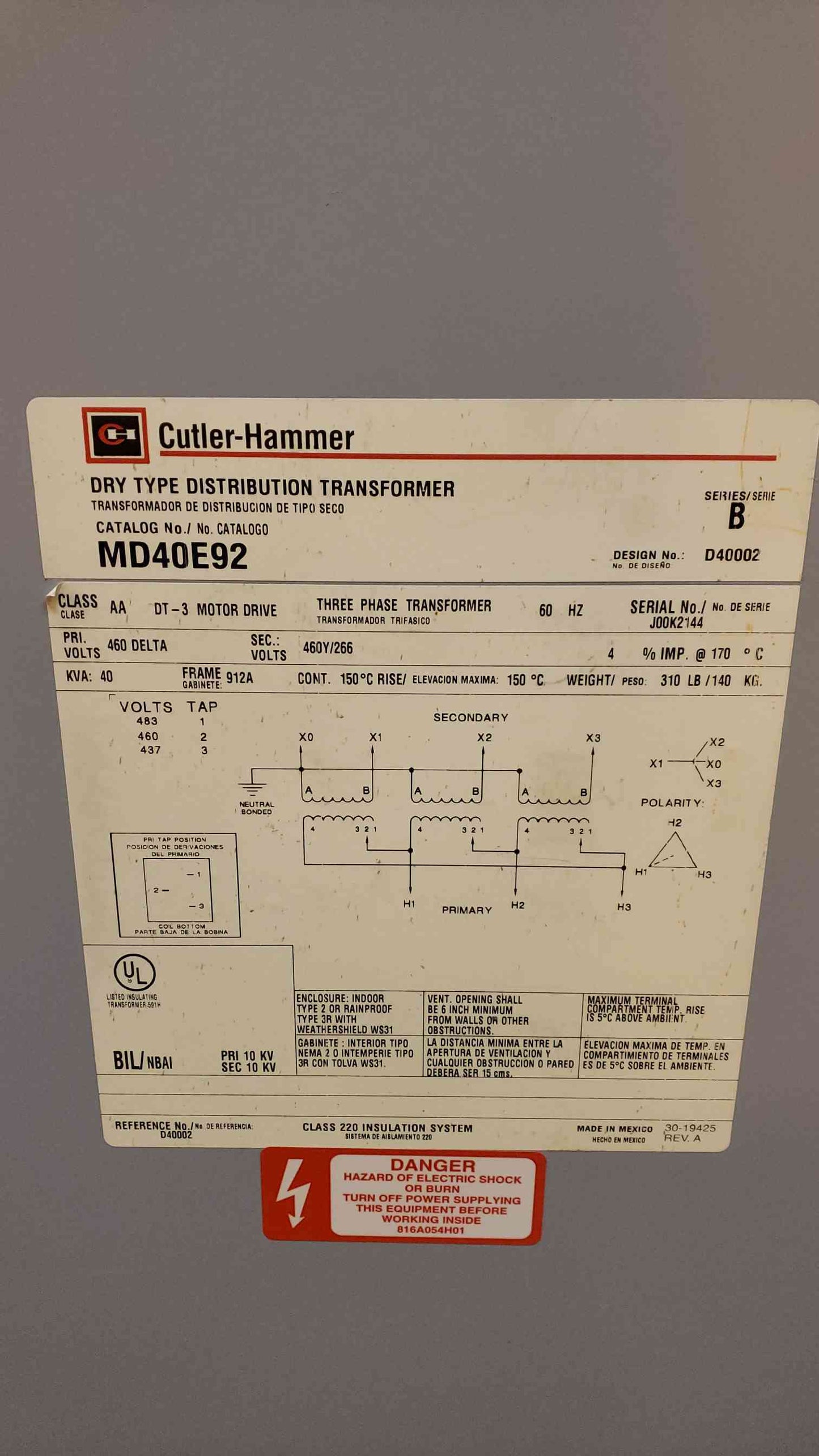 CutlerHammer 40KVA Dry Type Transformer 460v x 460/266v MD40E92 (SKU: 4447AA)(4447AA)