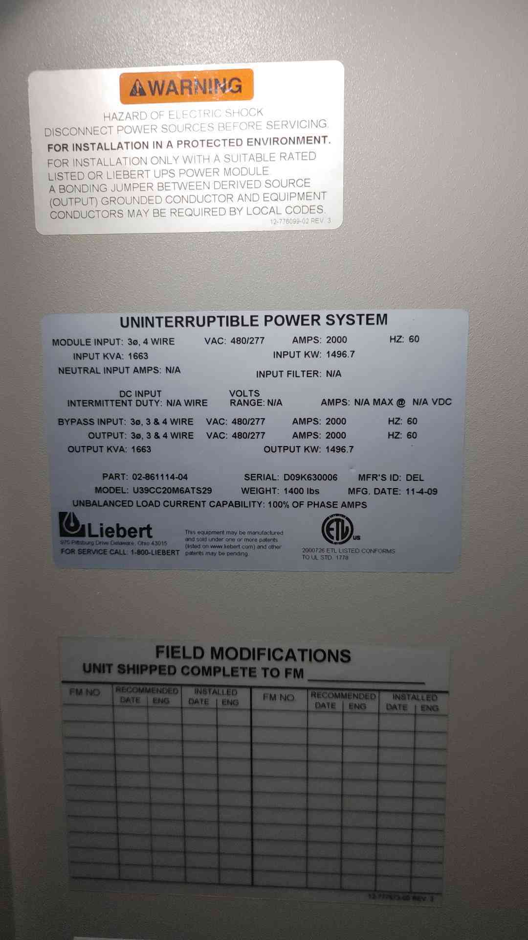 Liebert UPS SCC System Control 2000A U39CC20M6ATS29 2 Installed Breakers '09(S6LLST10988)