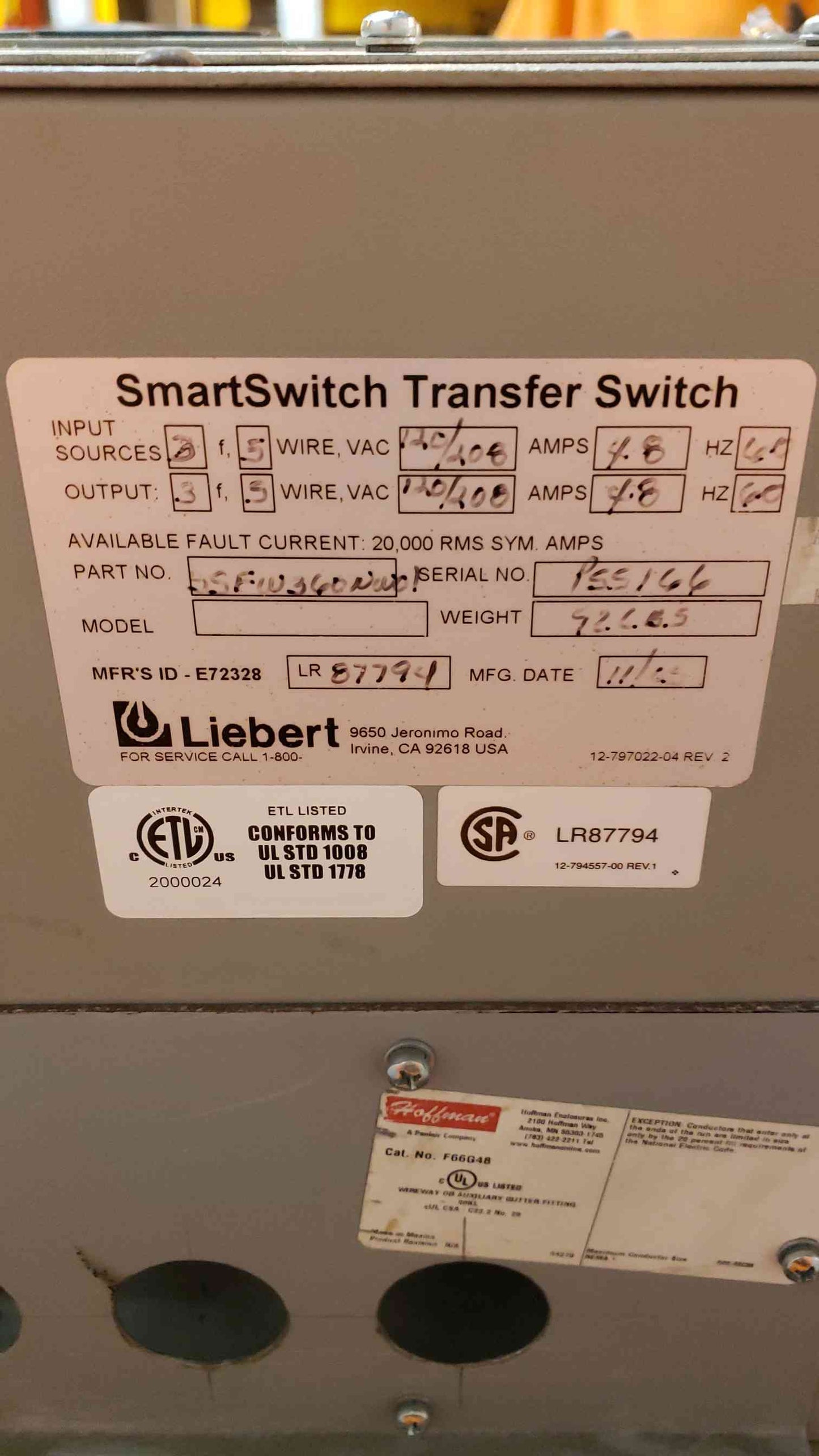 Liebert Transfer Switch SmartSwitch SSFW360N 120/208v (SKU: 2997AA)(2997AA)