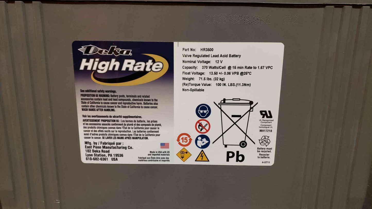 90 Amp Hr Deka High Rate Lead Acid Battery HR3500 2022 TESTED (SKU: 3455AA(3455AA)