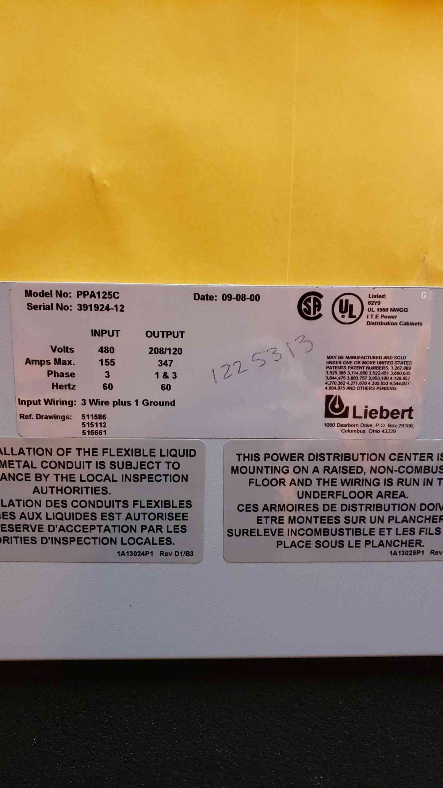 Liebert PDU PPA125C 480x208v Power Distribution (SKU: 101064)(101064)