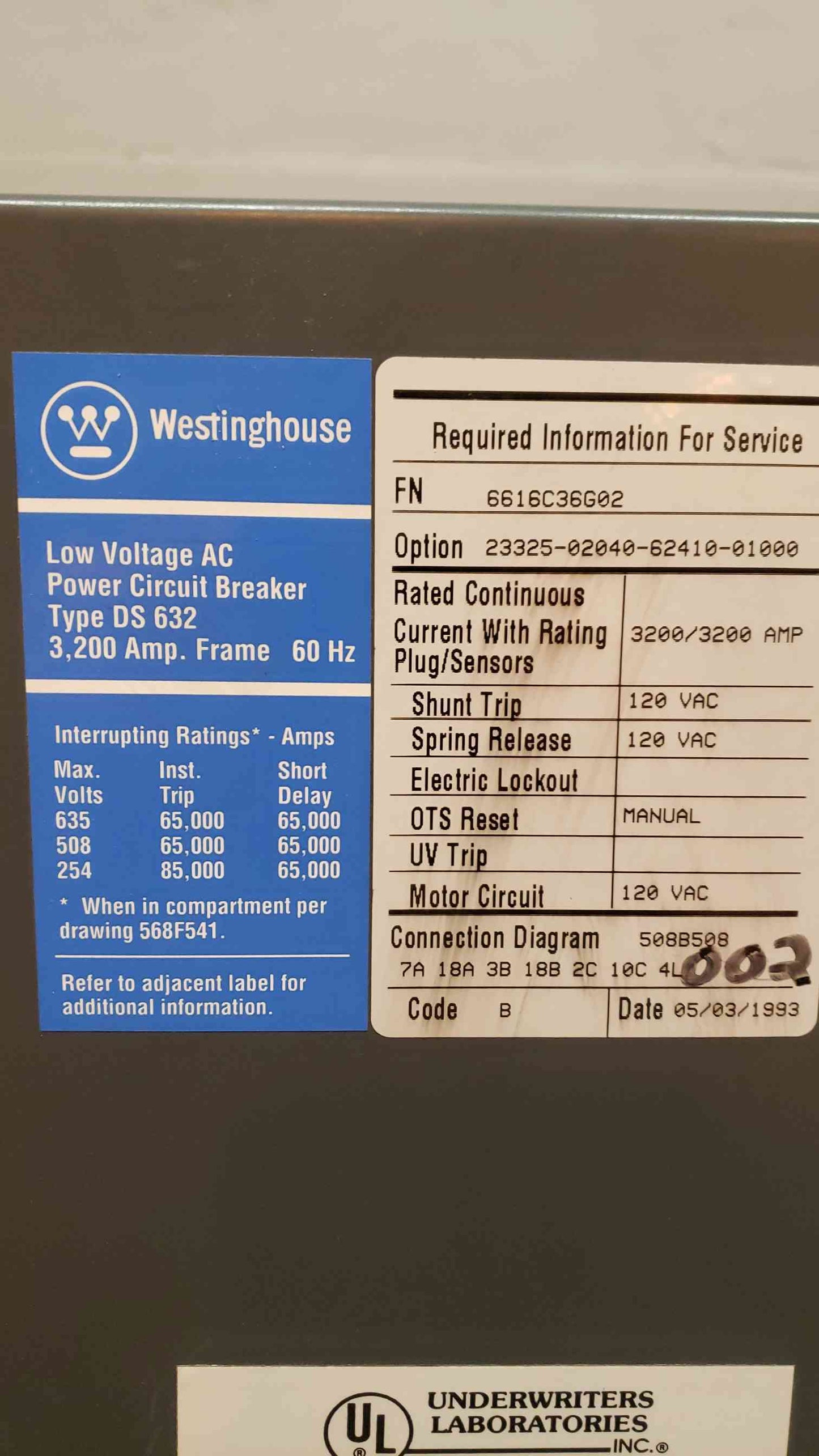 Westinghouse Low Voltage AC Power Circuit Breaker 3200 Amp Breaker (SKU: 3398AA)(3398AA)