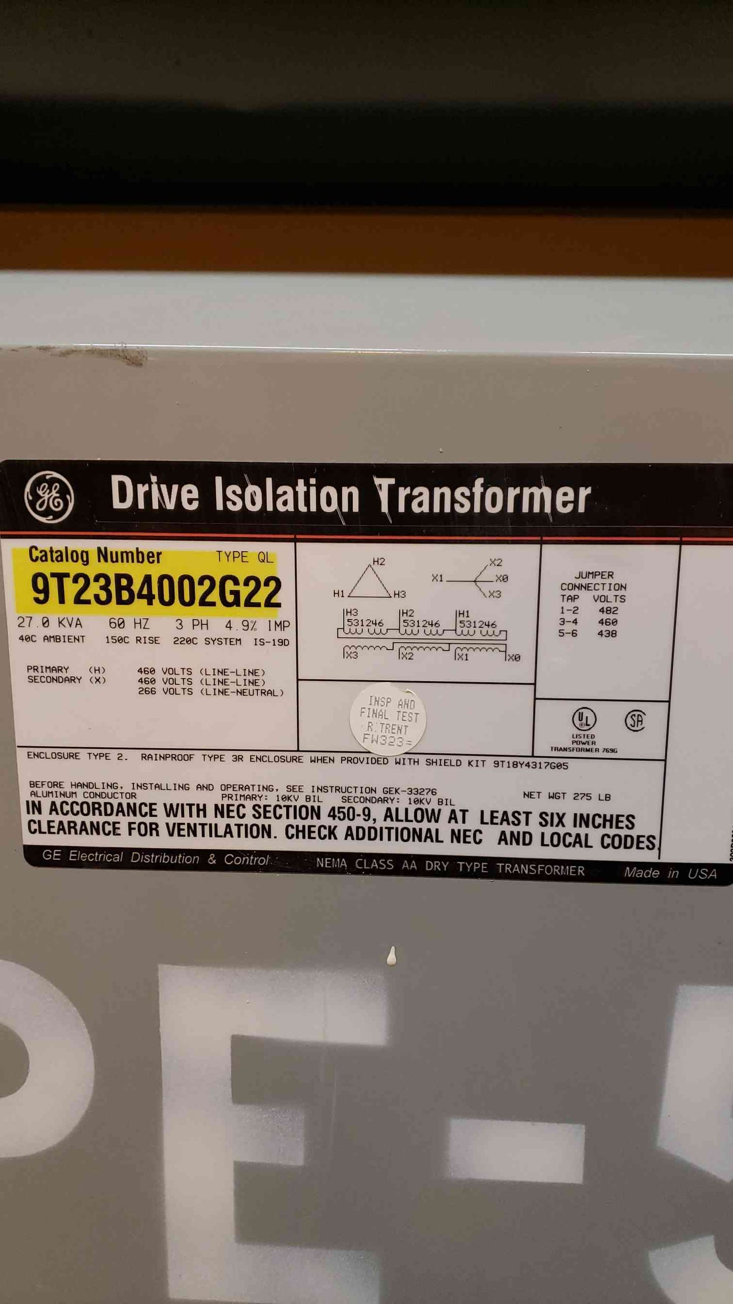 General Electric 27KVA Drive Isolation Transformer 9T23B4002G22 (SKU: 3434AA)(3434AA)