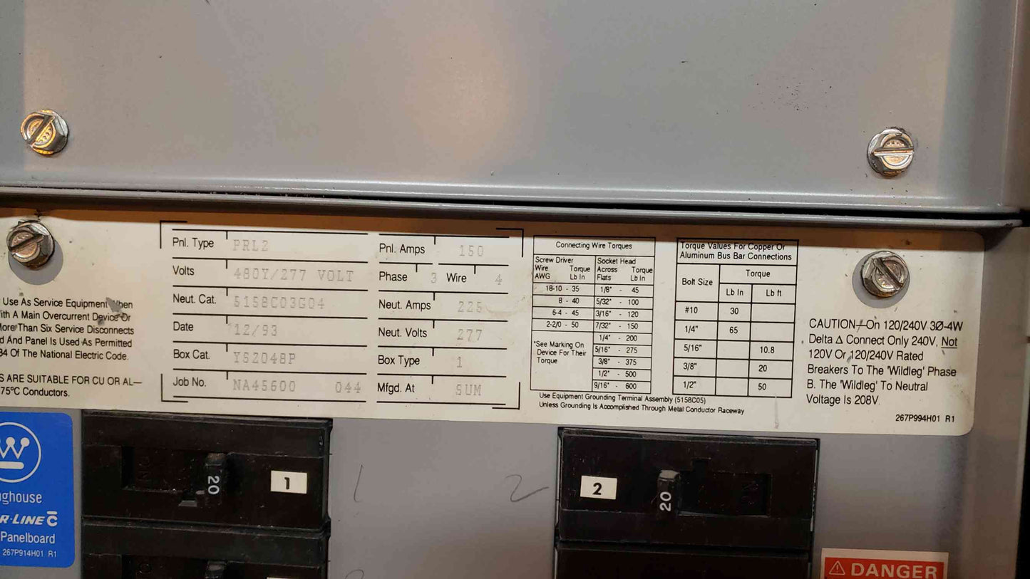 PRL2 150A 480V, 277V Panelboard 42 Crkt 5x3 Pole Brkrs 20A/60A W/ Main Neut. 225A(2951AA)