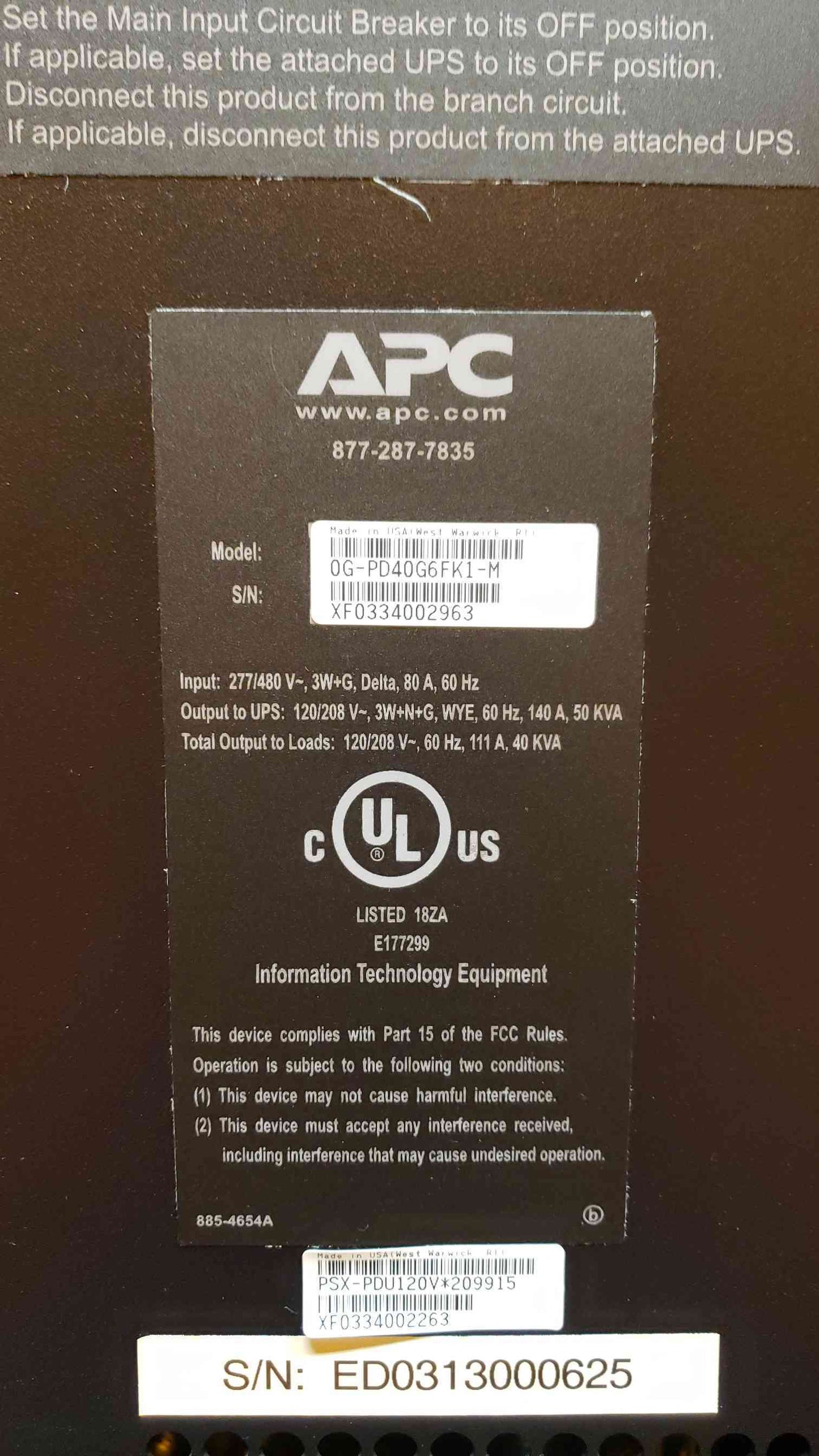 APC Symmetra PX PDU & MBP Cabinet PD40G6FK1 480v x 208/120 (SKU: 3543AA(3543AA)