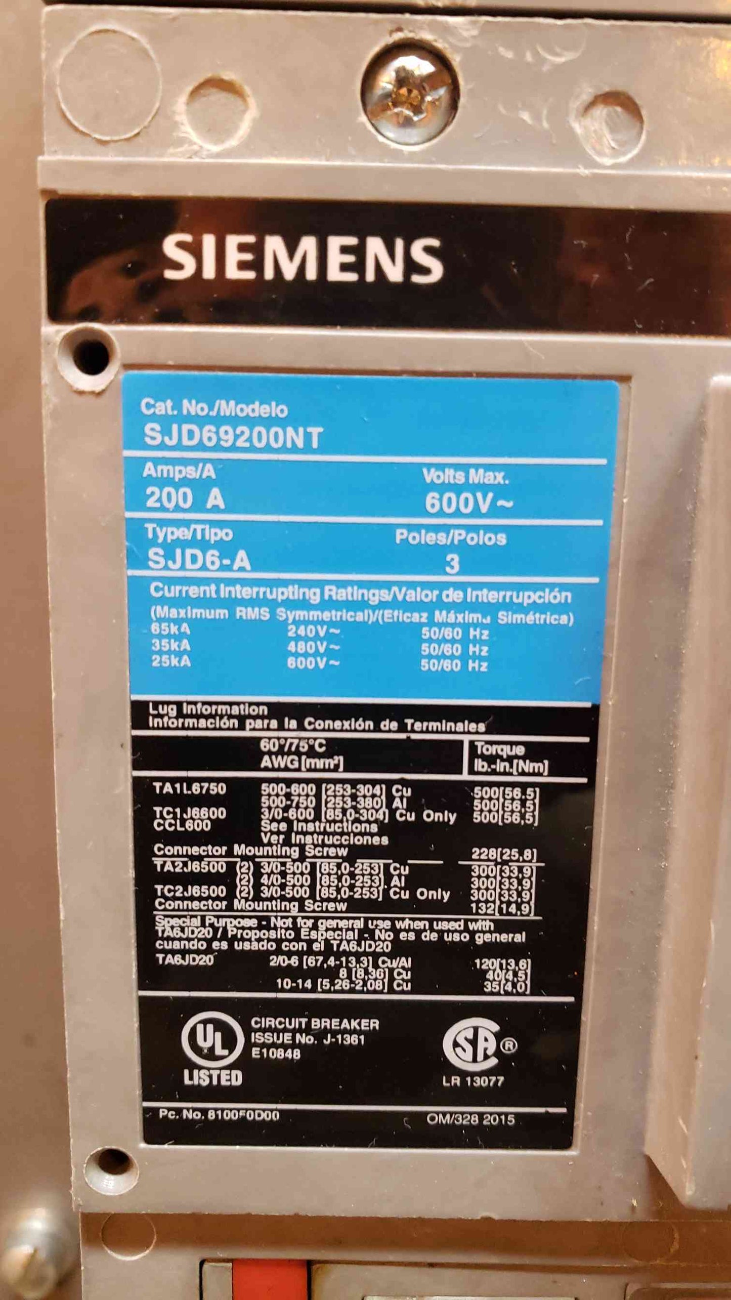 Siemens 200 A Circuit Breaker in Enclosure SJD69200NT (SKU: 5041AA)(5041AA)