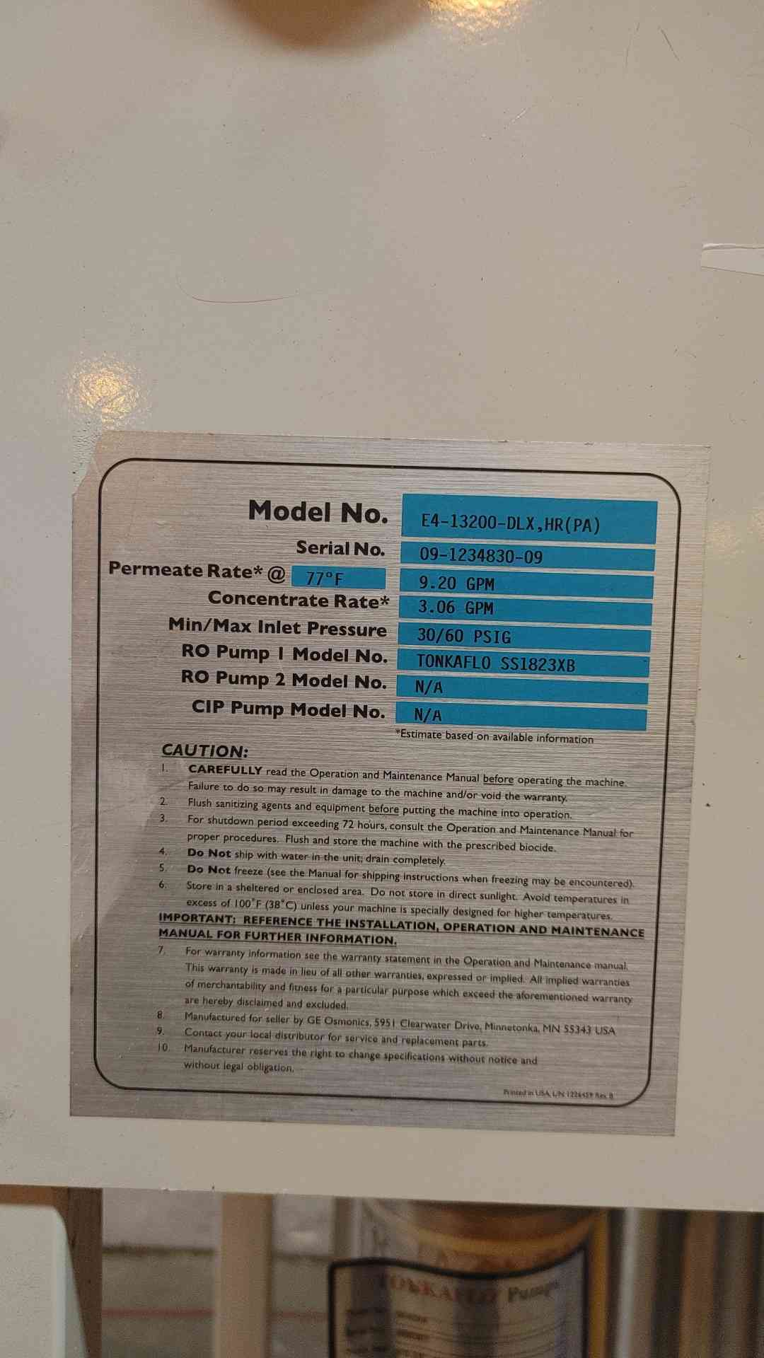 RO Osmonics Reverse Osmosis System E4 Series E4-13200 (1625AA)(1625AA)