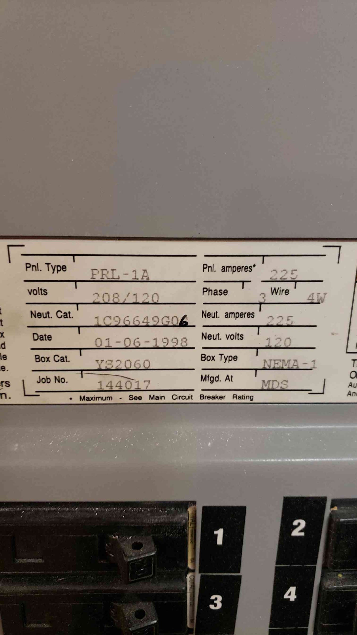 CutlerHammer 225A 208/120 Breaker Panelboard PRL1A (SKU: 2068AA)(2068AA)