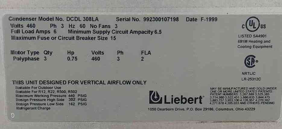 Liebert Condenser '99 460V DCDL308LA Outdoor 3 Fan Unit (101393)(101393)