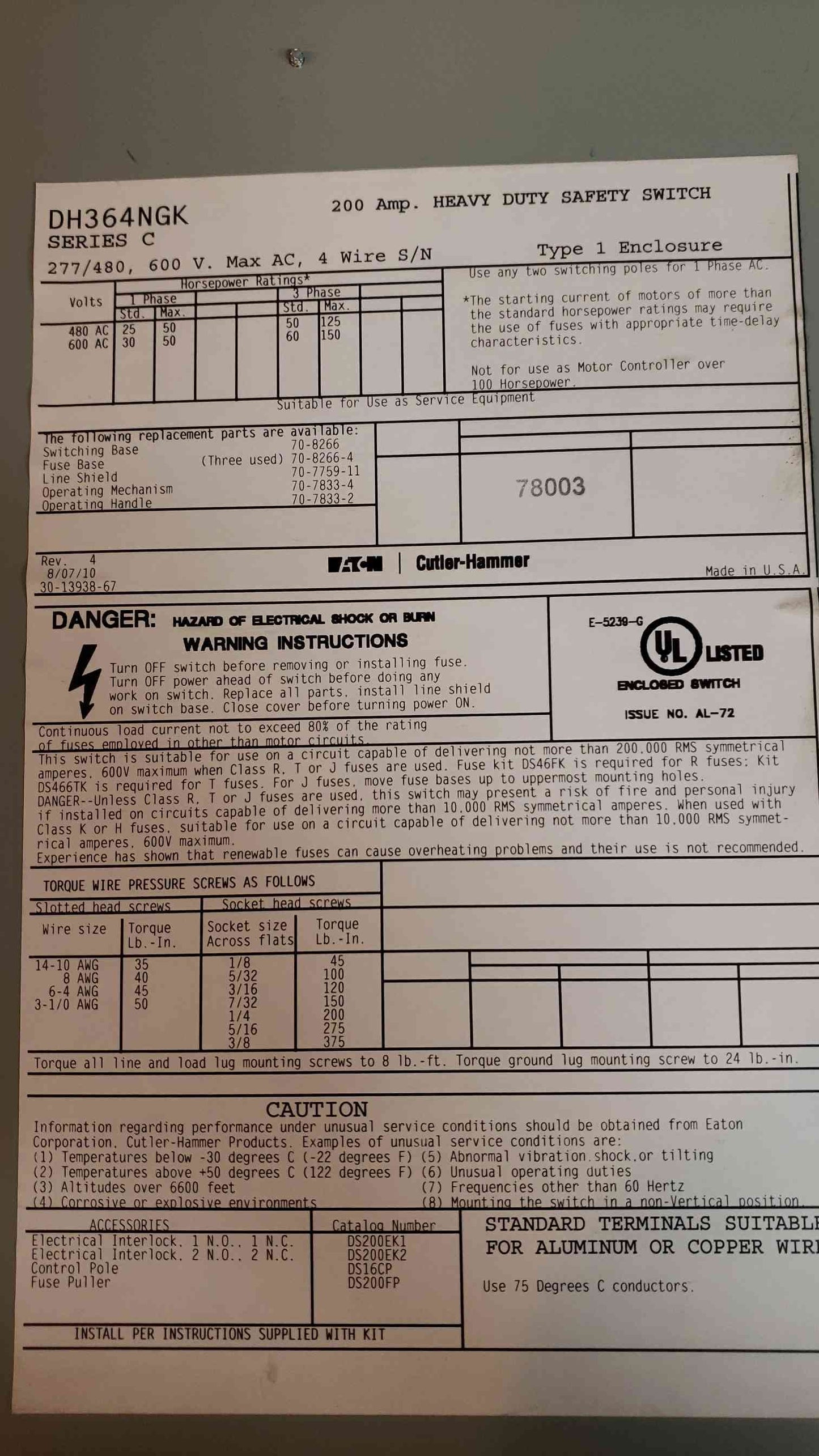 CutlerHammer F 200A Heavy Duty Safety Switch DH364NGK (SKU: 3096AA)(3096AA)