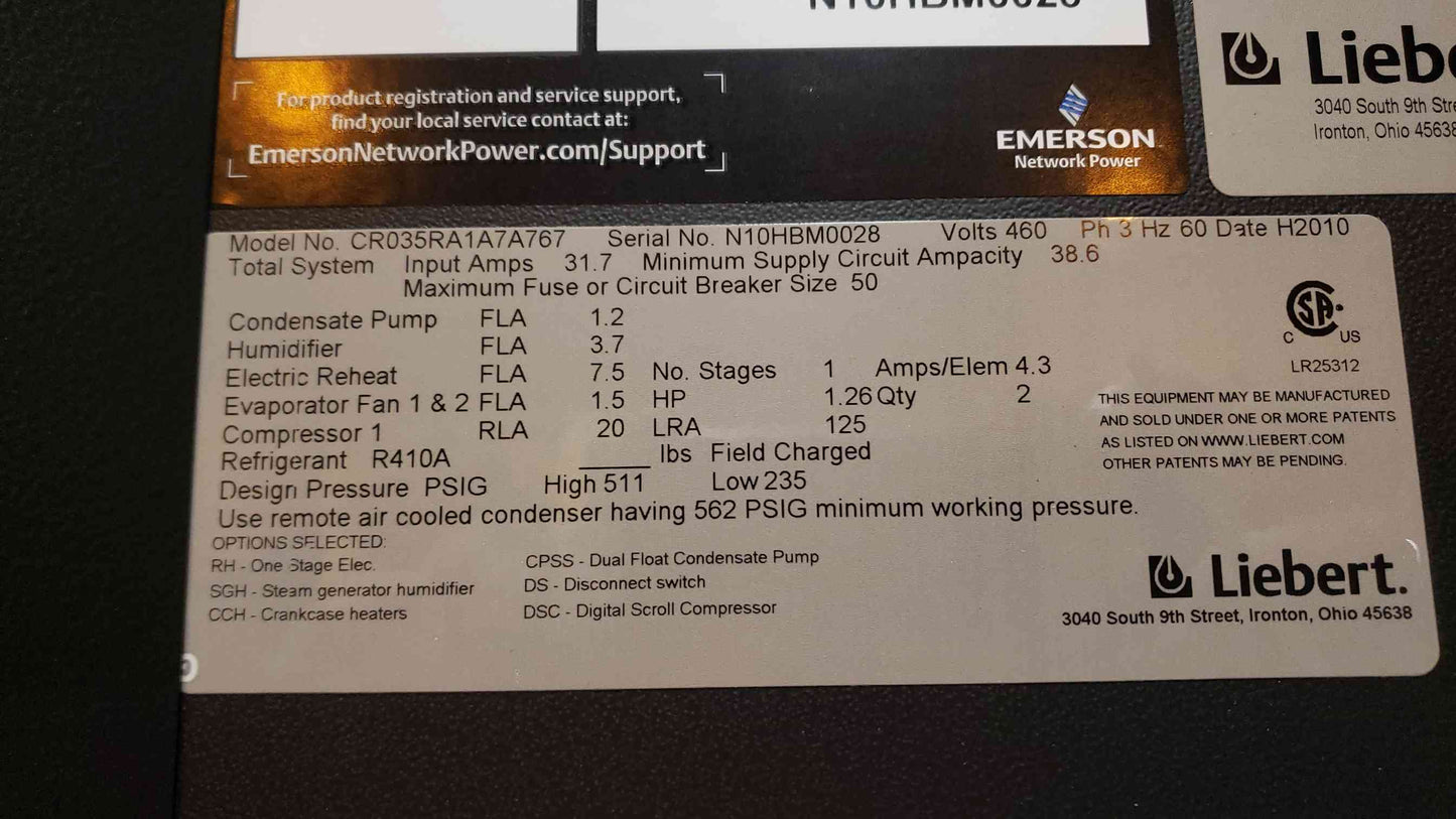 Liebert CRV AC 460V 3PH CR035RA1A7A767 InRow CRAC Air Cooled '10 (SKU: 3089AA)(3089AA)