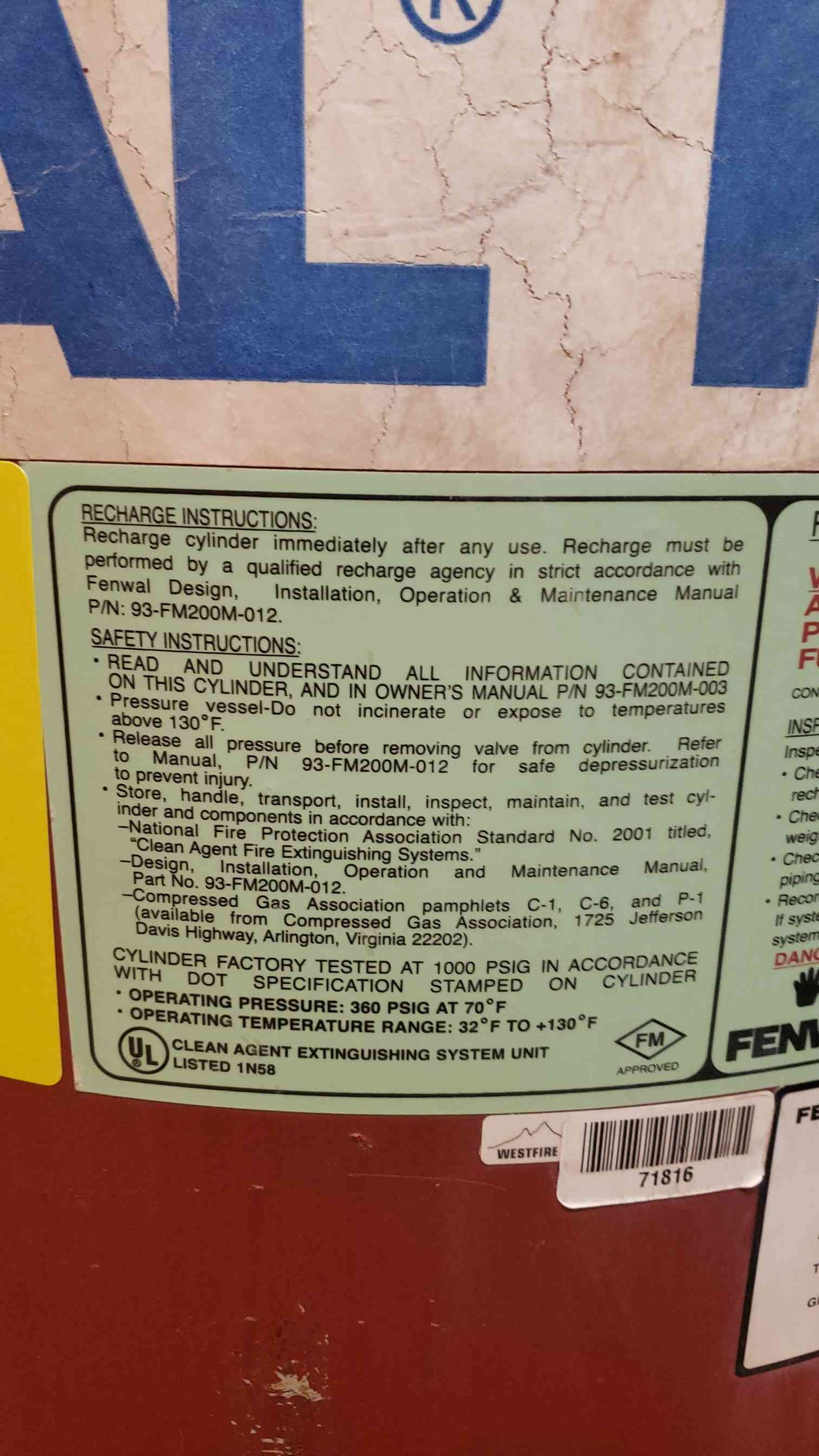 505 Lbs Fenwal FM-200 Clean Agent Fire Suppression Cylinder Full(4102AA)