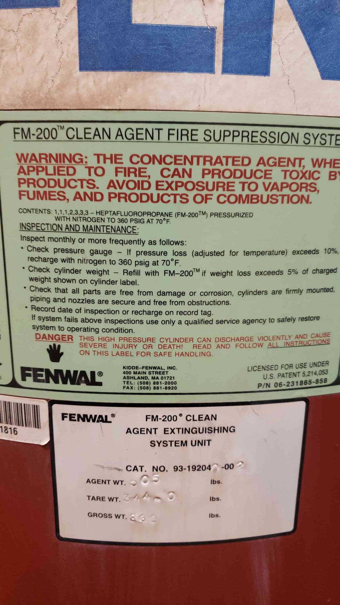 505 Lbs Fenwal FM-200 Clean Agent Fire Suppression Cylinder Full(4102AA)