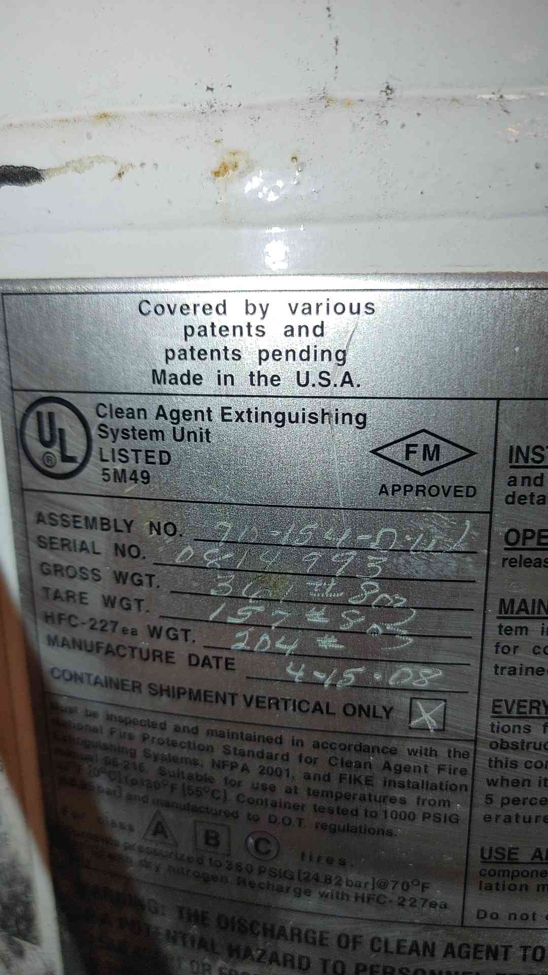 204 Lbs Fike HFC-227 FM-200 Clean Agent Cylinder FE-227 (3113AA)(3113AA)