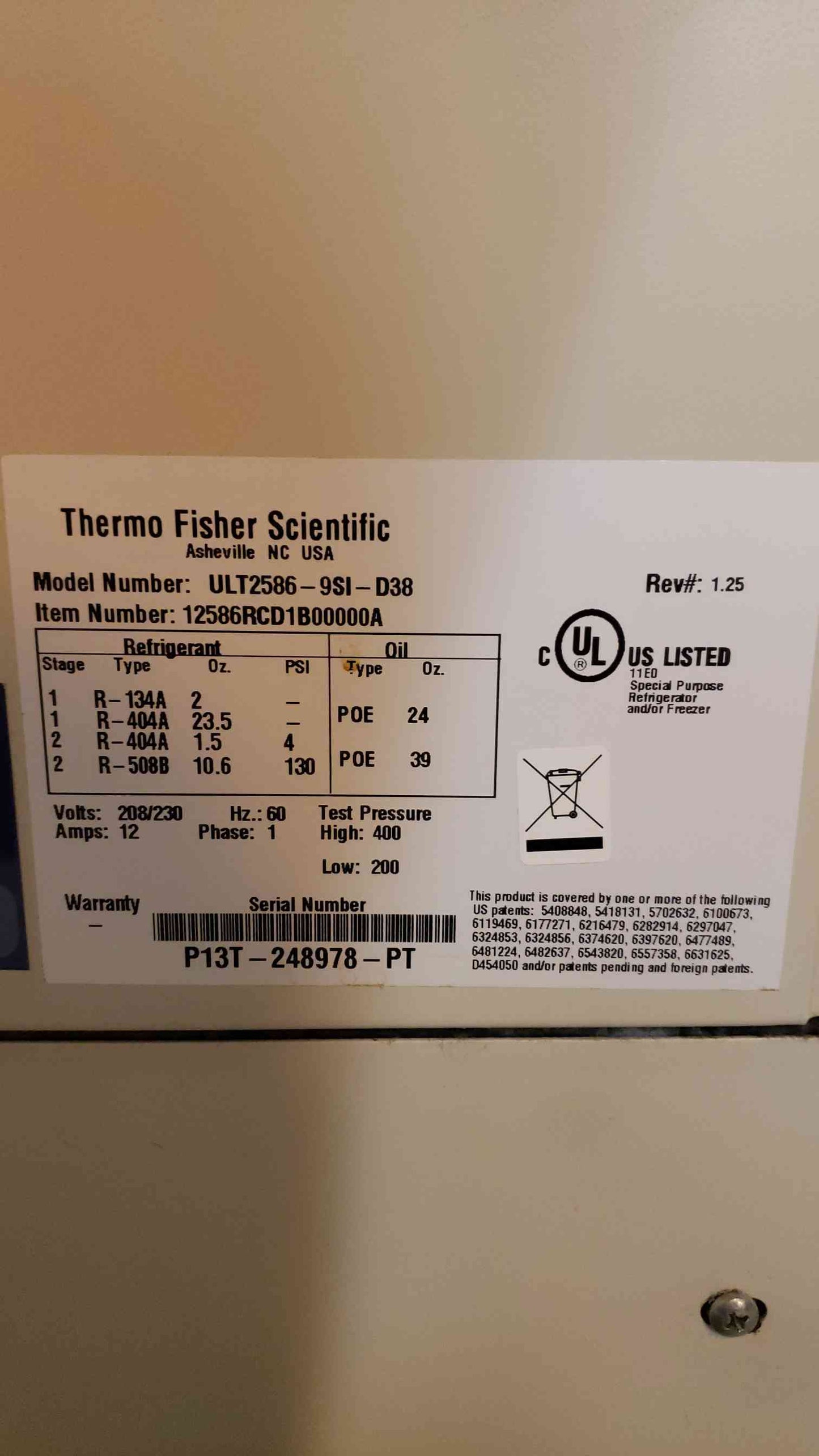 Thermo Fisher Scientific Special Purpose Refrigerator/Freezer ULT2586-9SI-D38 (SKU: 4598AA)(4598AA)