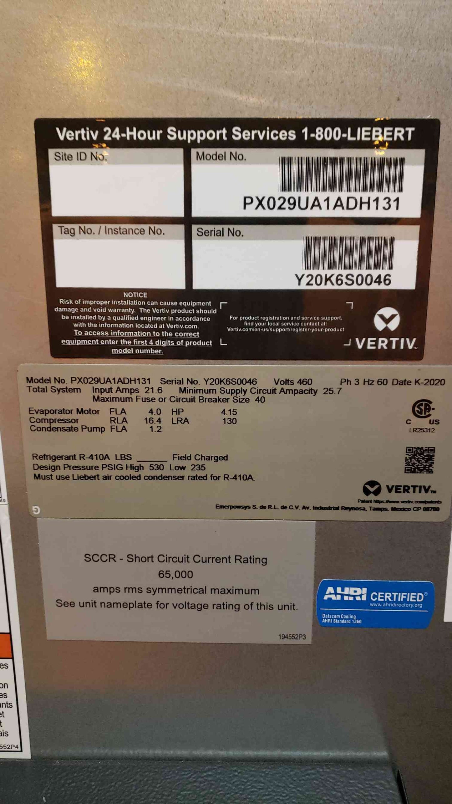 Vertiv Liebert Challenger CRAC 460V PX029UA '20 UPFLOW (SKU: 5091AA)(5091AA)