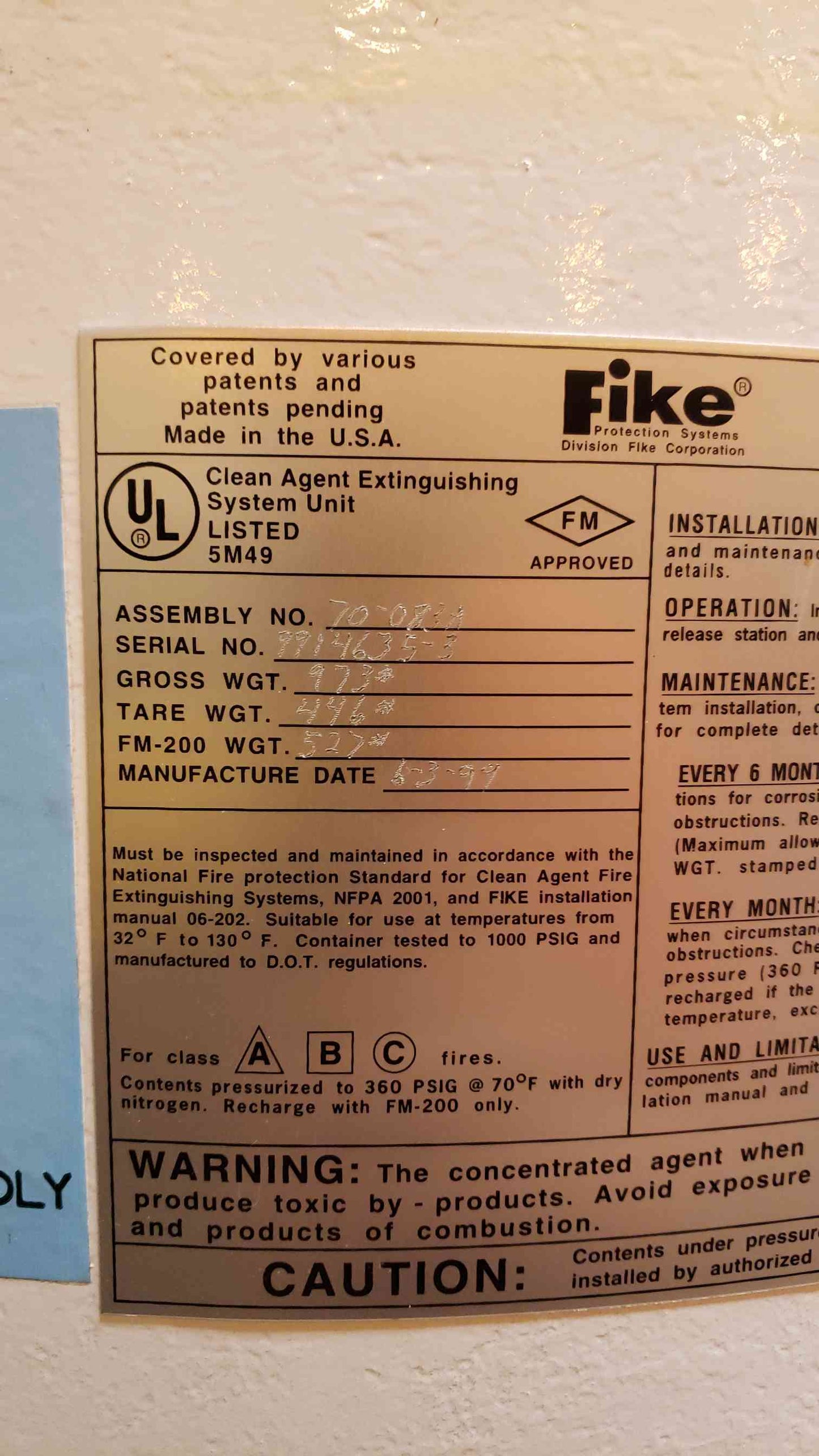 FM-200 Fike Tank 527 lbs of Fire Suppression Agent(101403)