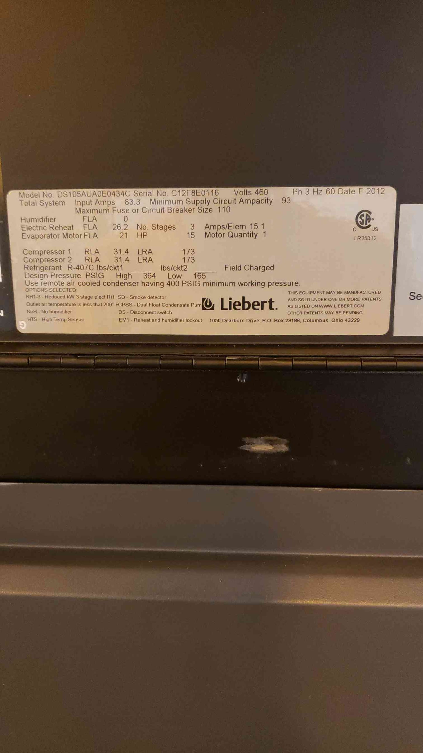 Liebert CRAC UNIT DS105AUAOE0434C (SKU:13477AA)(13477AA)