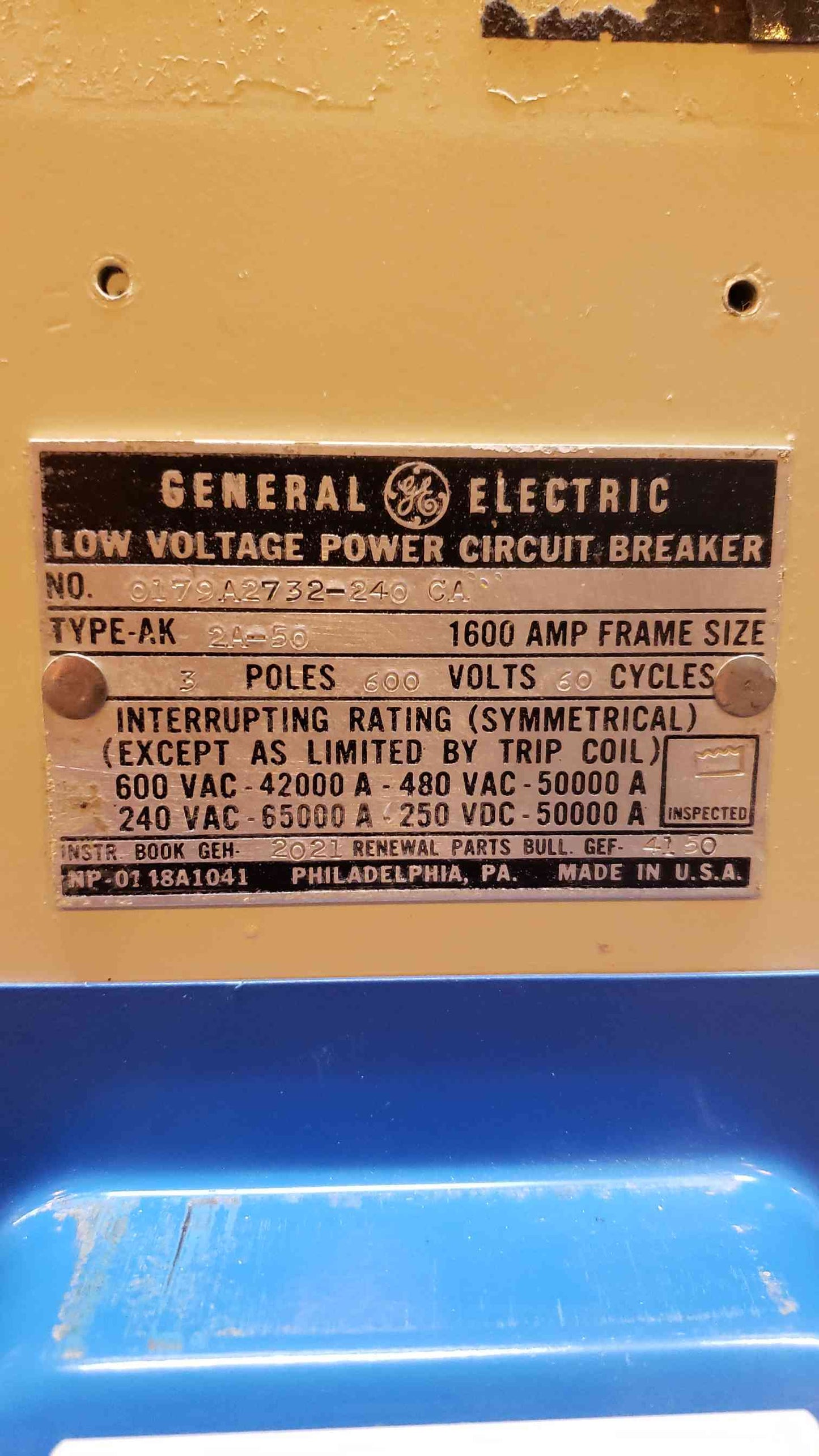 General Electric Low Voltage Power Circuit Breaker 1600A 600V 0179A2732240 CA (SKU:14991AA)(14991AA)