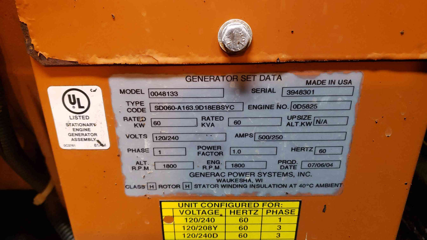 60KW Generac Diesel Generator 1PH LOAD TESTED - SEE DESCRIPTION(103132)