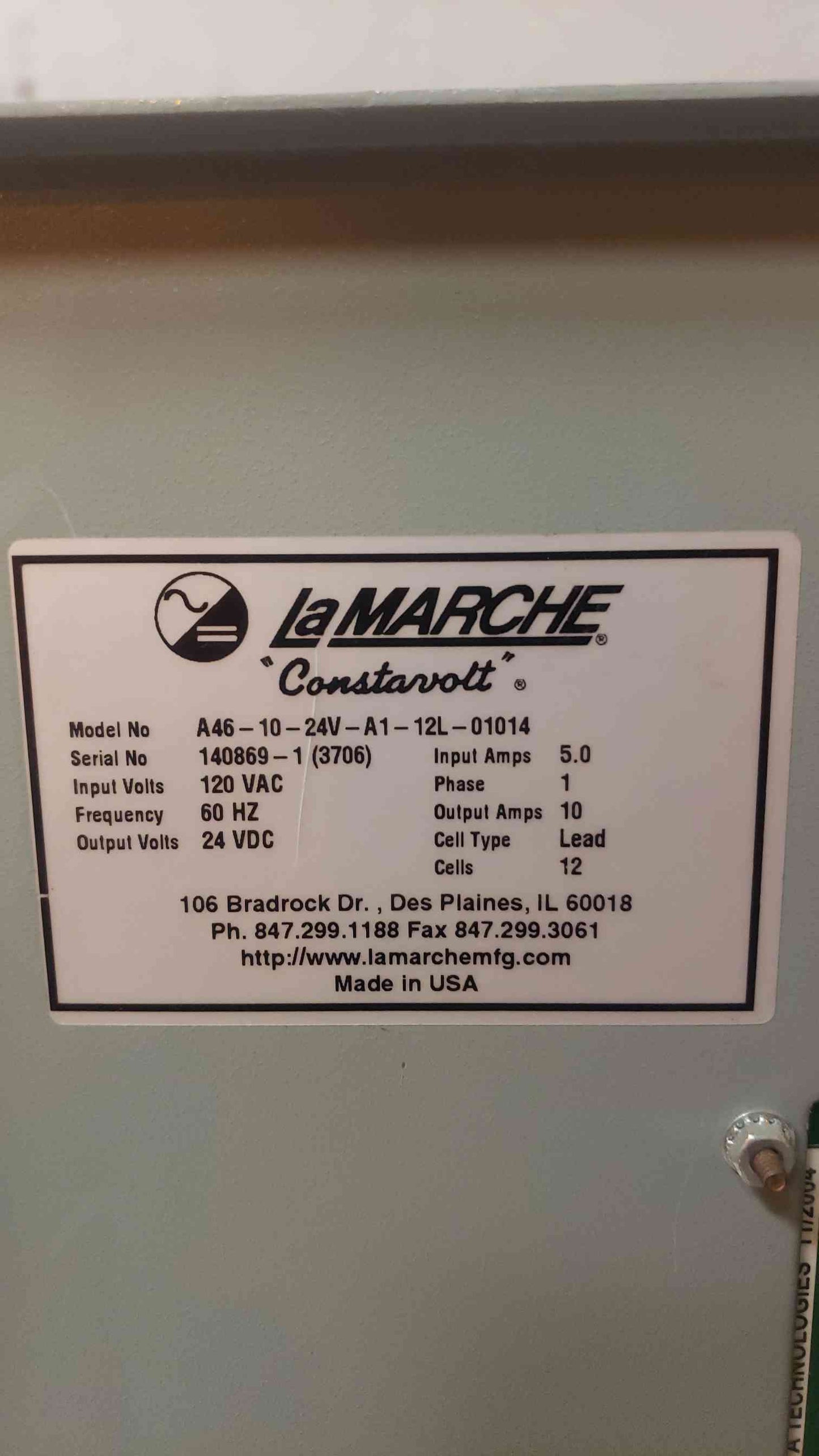 La Marche 12 Cell Battery Charger 120VAC 1PH 140869-1 3706(103254)