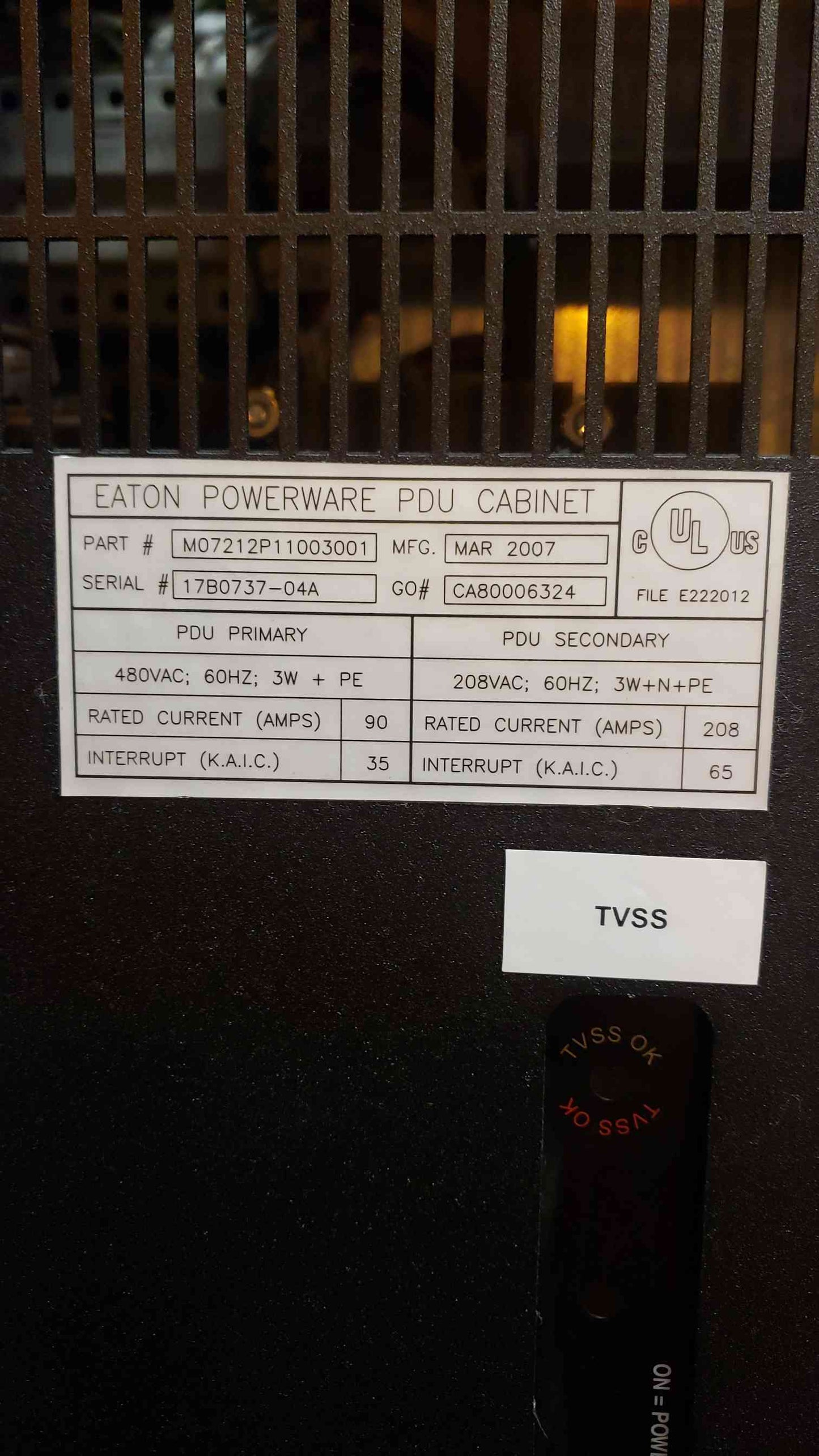 EATON 75KVA PDU Cabinet 480v x 208/120v Breaker Distribution Transformer(103478)