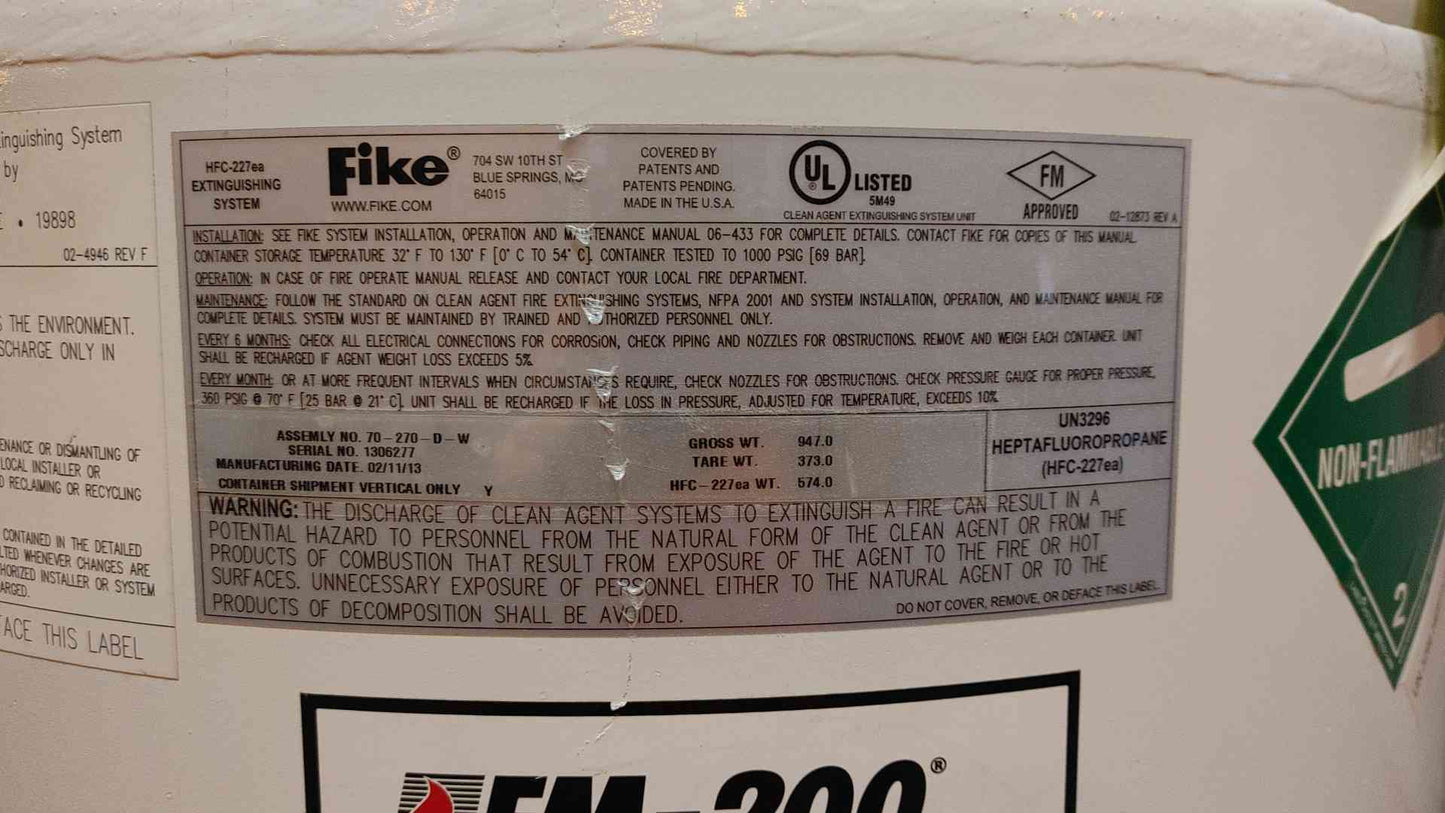 Fike Fire Suppression Cylidener FM-200 574Lbs Agent Weight(103512)