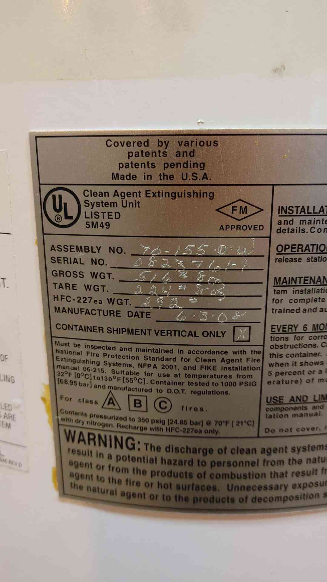 Fike Fire Suppression Cylinder FE-227 292Lbs Agent Weight FM-200(103513)