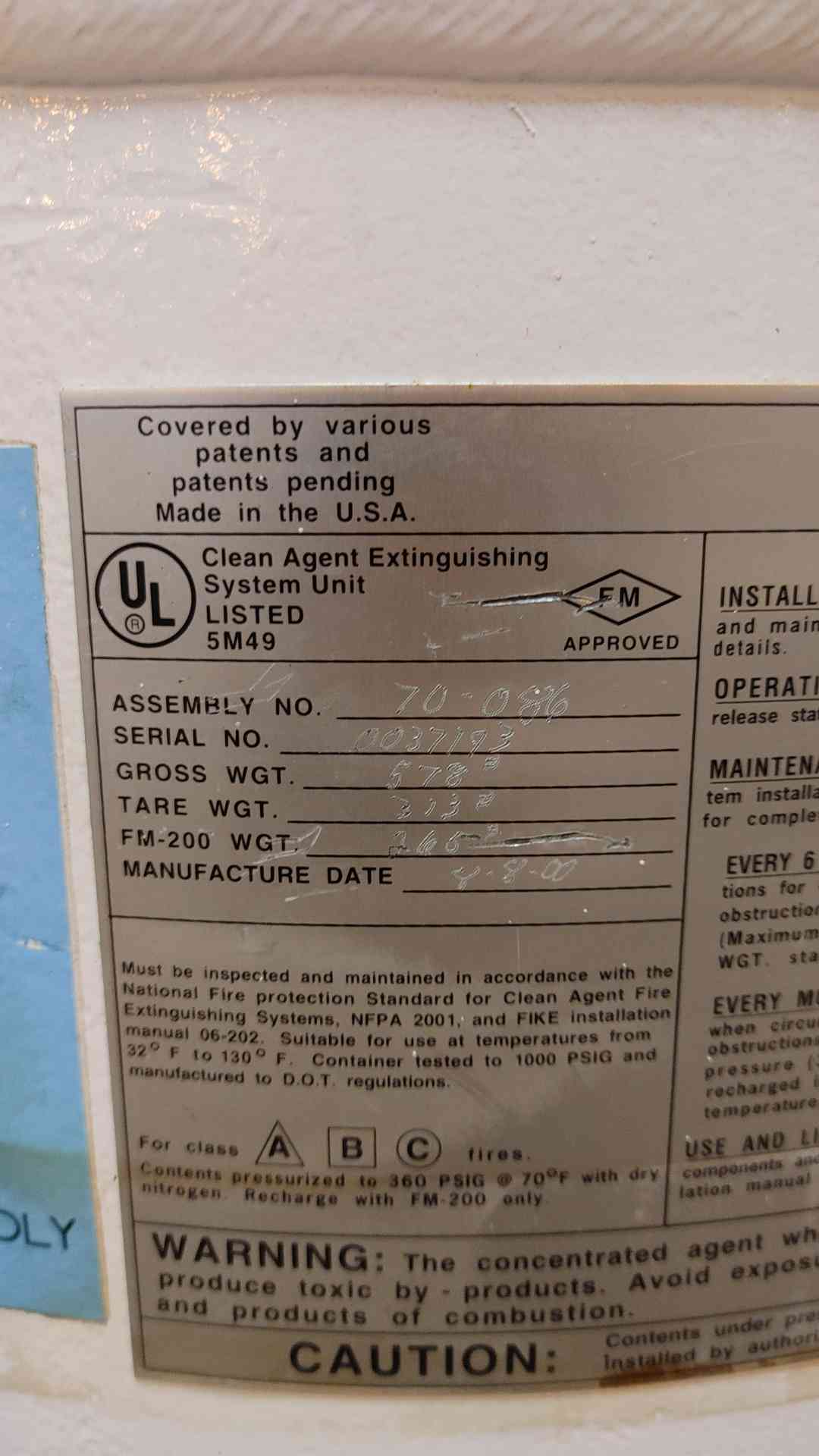 Fike Fire Suppression Cylinder 365lbs. FM-200(103514)